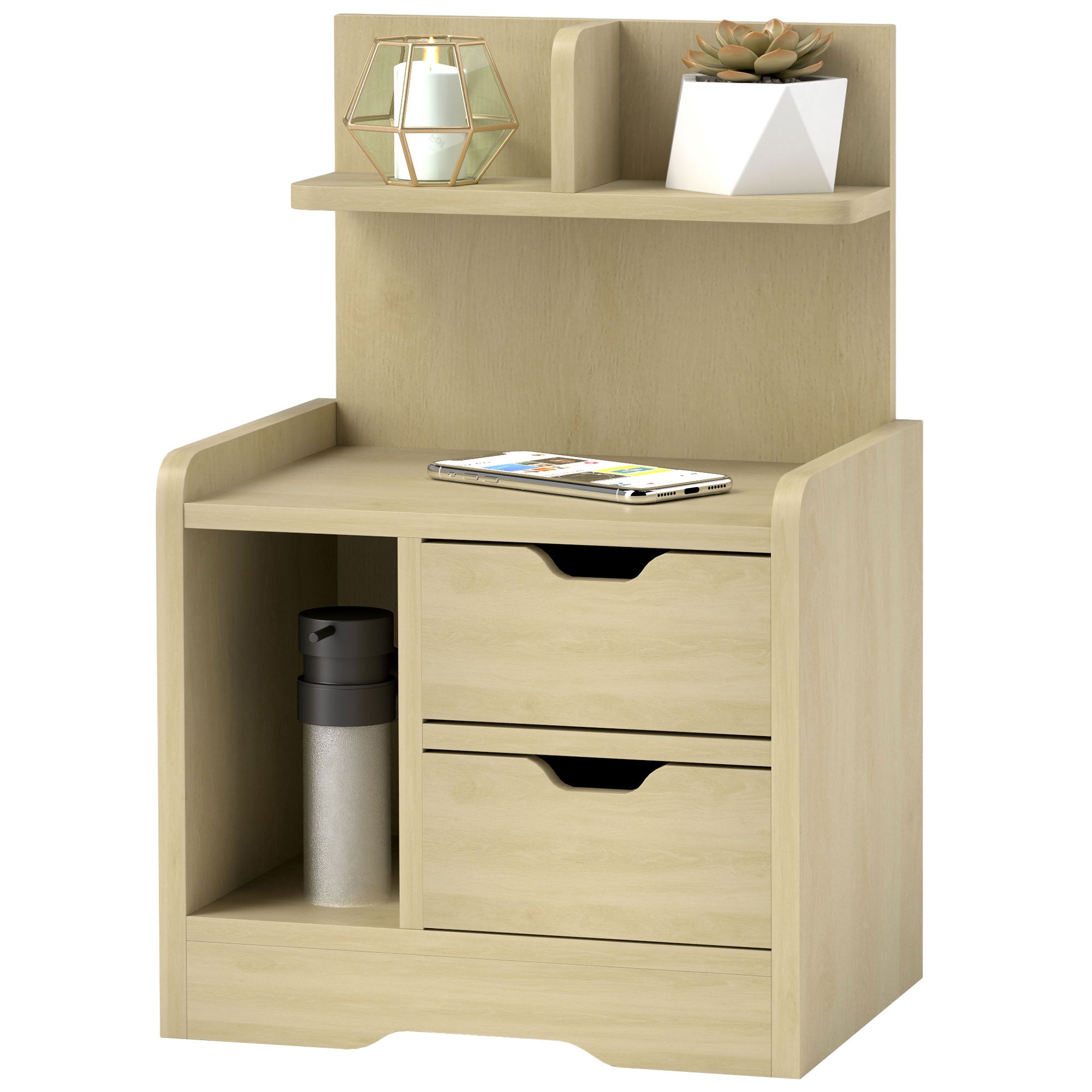 HOMCOM Nachttisch mit 2 Schubladen, offener Ablage, 40x30x60 cm, Holzdekor