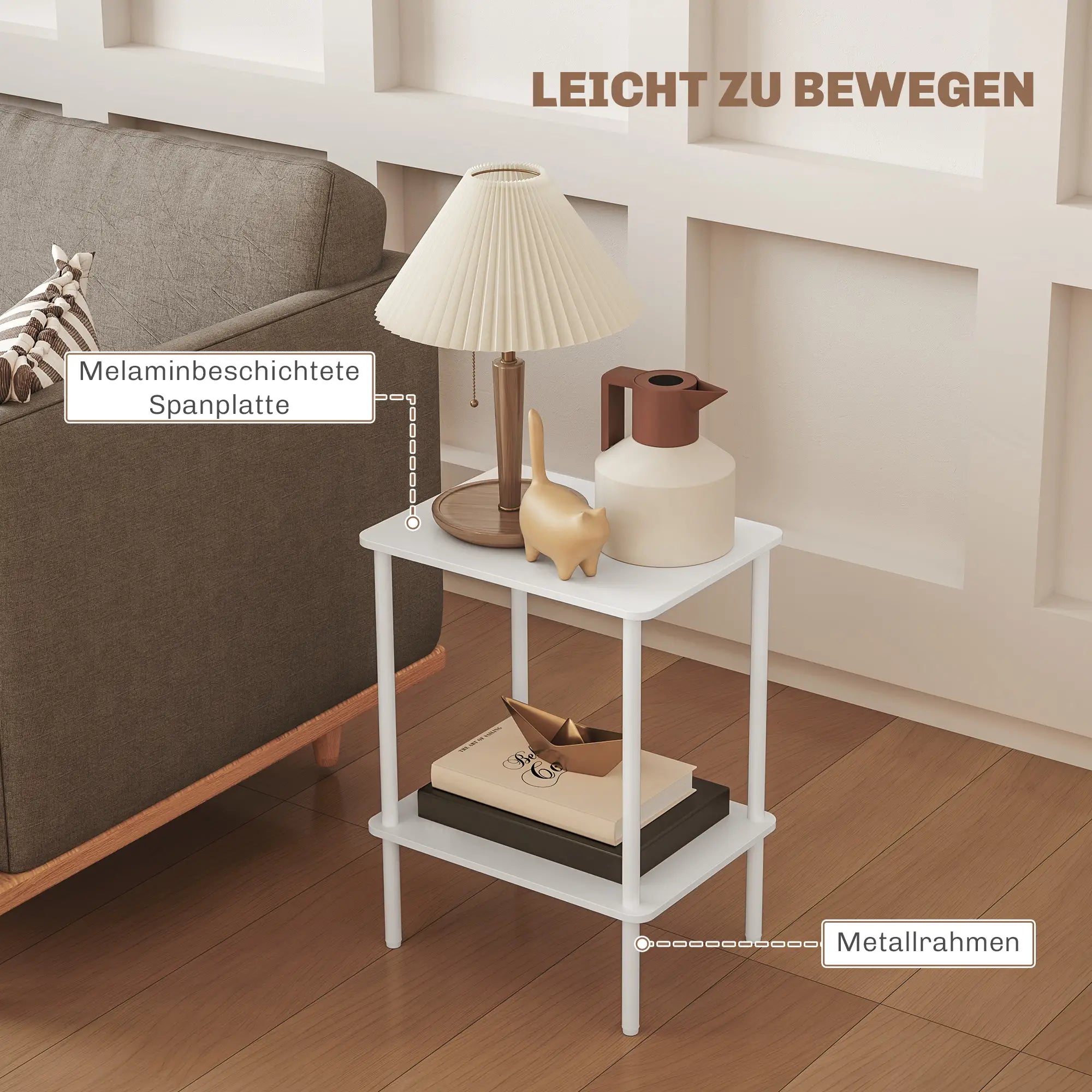 HOMCOM Moderner 2-stufiger Beistelltisch mit Aufbewahrungsfach und Metallrahmen für Wohnzimmer, Schlafzimmer, Weiß