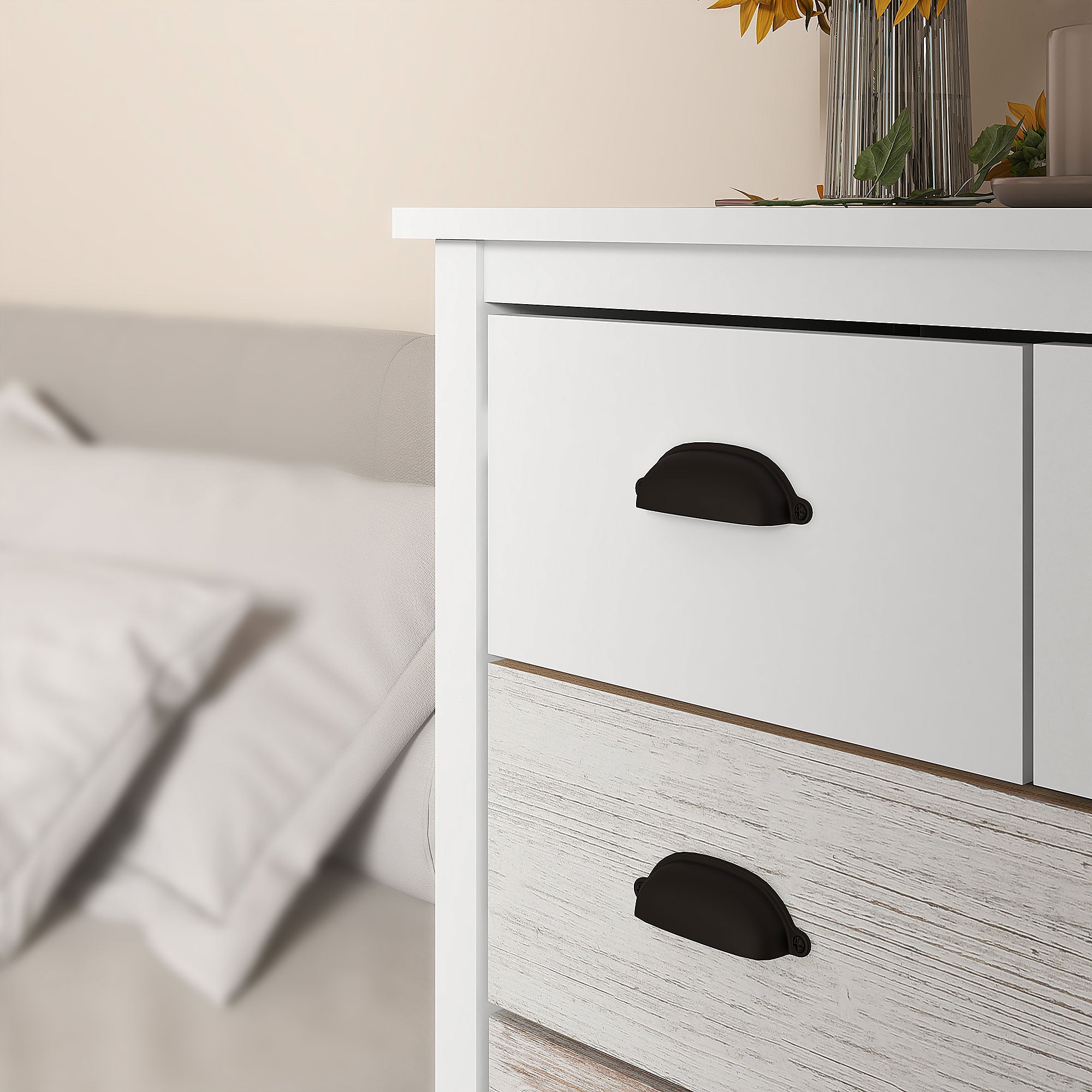 HOMCOM Sideboard, Kommode, 5 Schubladen, lackierte Oberfläche, MDF & Kiefernholz, 70 x 38 x 85 cm, Weiß