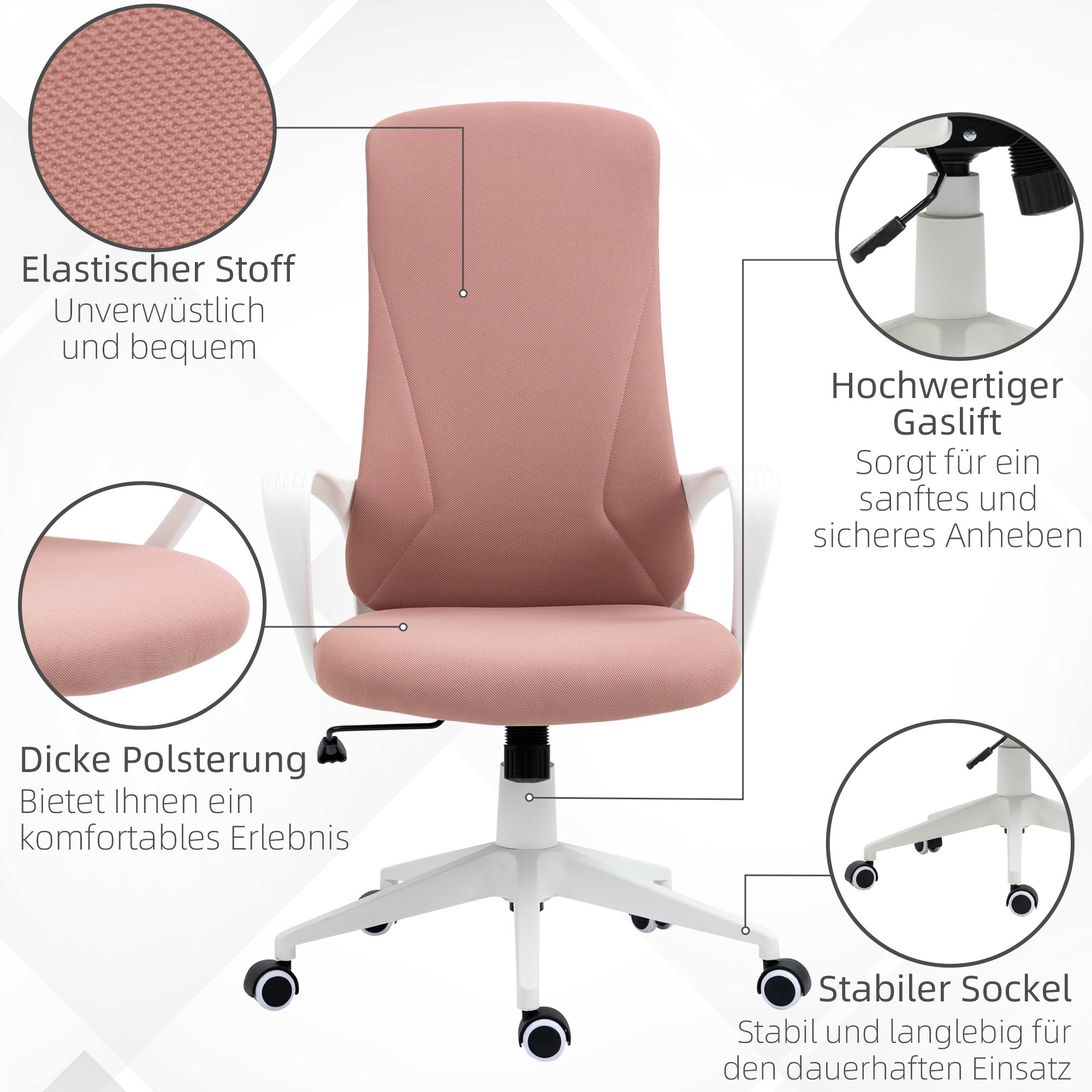 Vinsetto Bürostuhl, Computerstuhl, neigbare Rückenlehne, drehbar, höhenverstellbar, 62x56x110-119,5cm, rosa