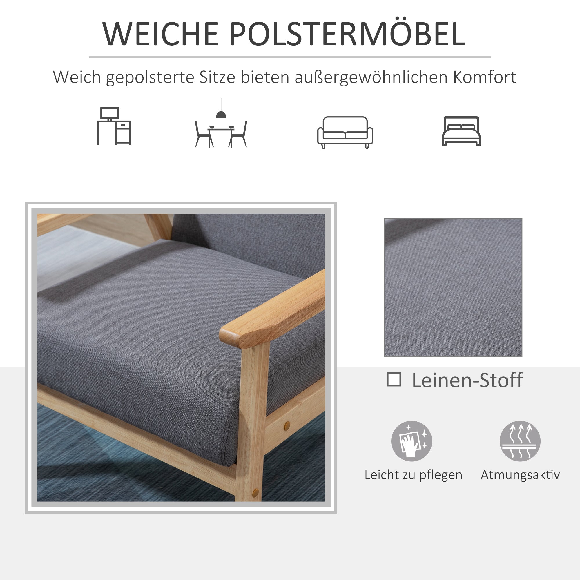 HOMCOM Sessel im Skandi-Design, Akzentsessel, Massivholz, Leinenoptik, 64 cm x 70 cm x 72 cm, Grau + Natur
