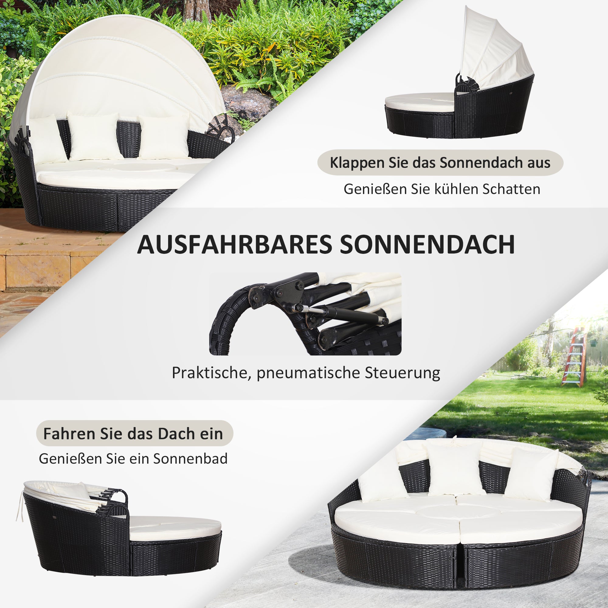 Outsunny Sonneninsel mit Baldachin; Gartenmöbelset mit Sonnendach, inkl. Kissen, Creme + Schwarz