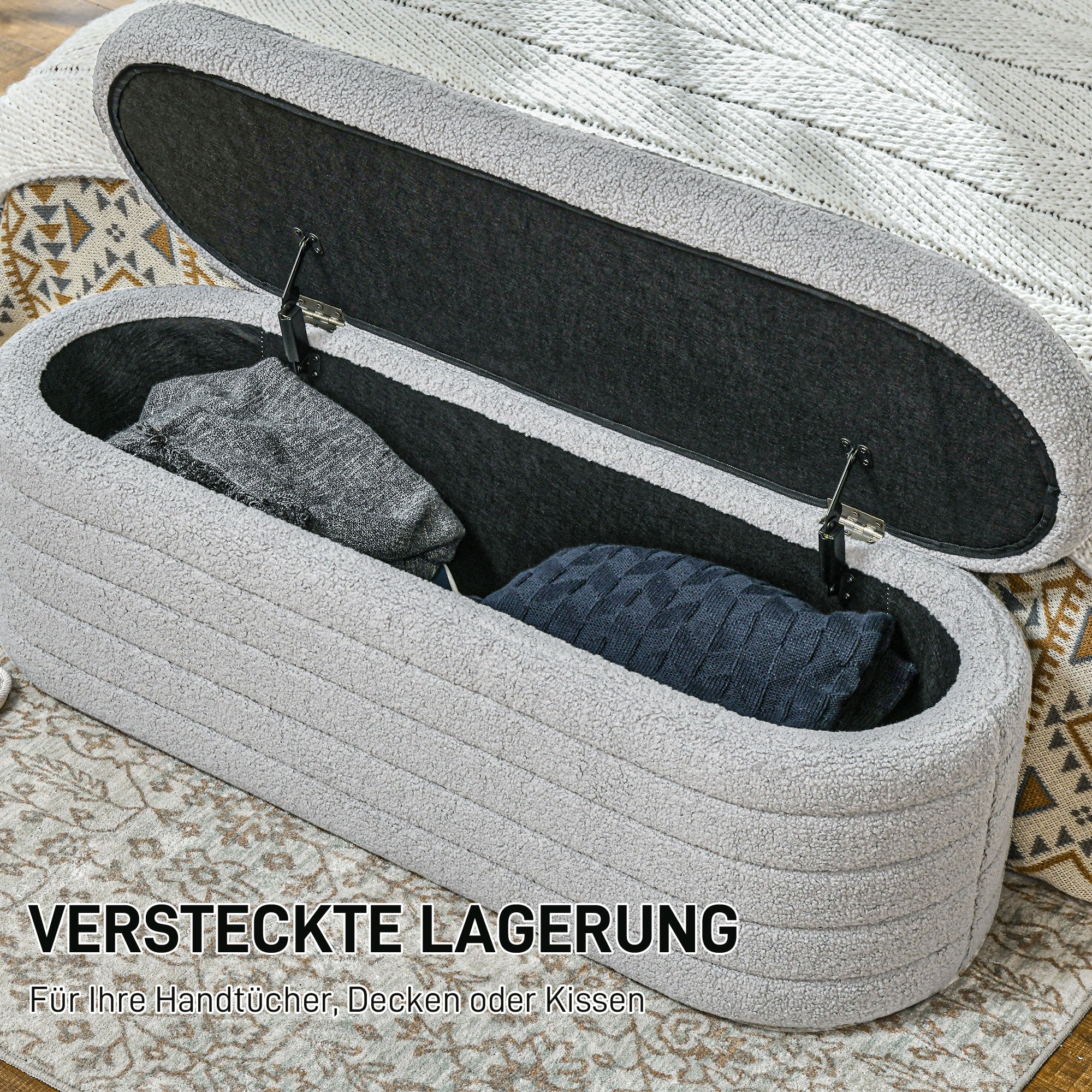 HOMCOM Bettbank, Stauraum, Teddy-Fleece, 116x41x40,5cm, Hellgrau