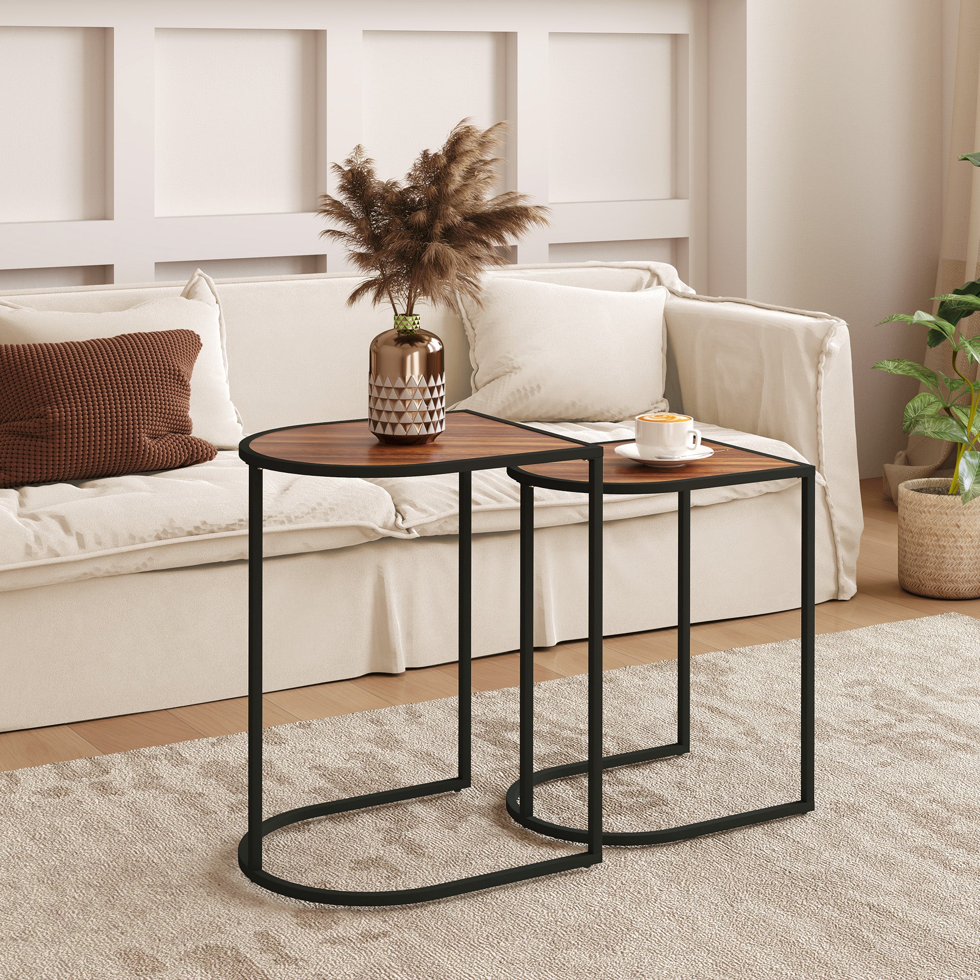 HOMCOM Satztisch-Set, Beistelltische, Metallrahmen, Tischplatte in Holzoptik, Braun