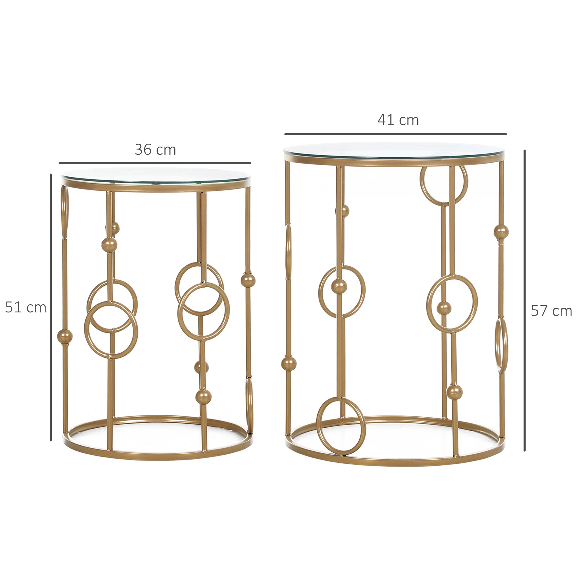 HOMCOM 2er-Set Couchtisch, Beistelltisch mit Glasplatte, Wohnzimmertisch mit Reifen- und Kugeldesign Ø41 x 57 cm, Gold