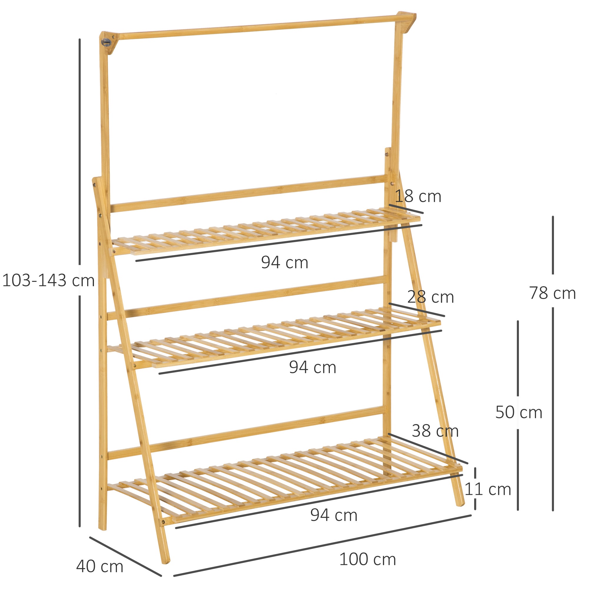 Outsunny Blumentreppe aus Holz Pflanzenständer Leiterregal einstellbare Hängehöhe Blumenständer hängende Bamboo Natur innen draußen 100 x 40 x 143 cm