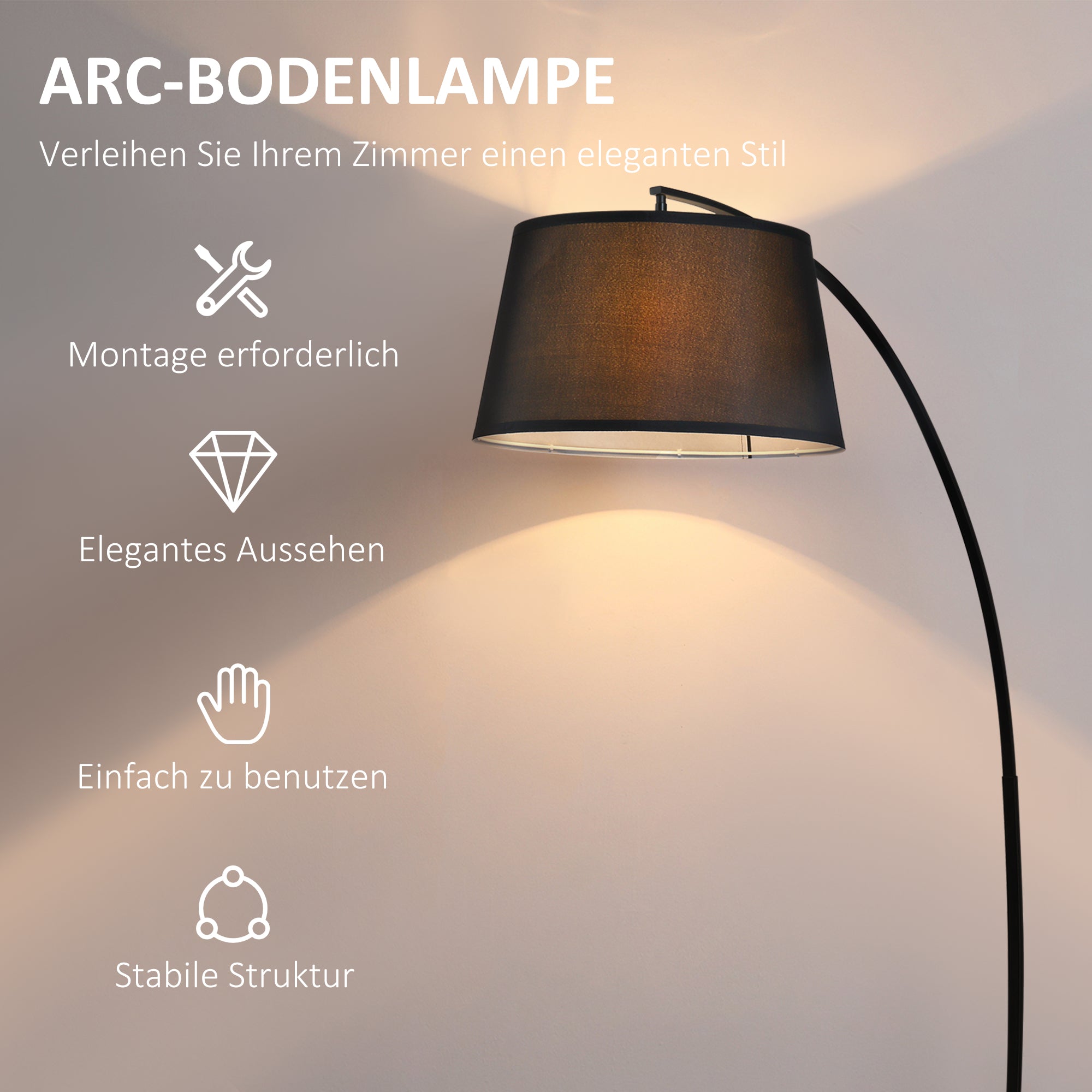 HOMCOM Stehlampe, Gebogene Stehleuchte mit Stoffschirm, Bodenlampe mit runder Basis, Metall, 105L x 47B x 190H cm, Schwarz
