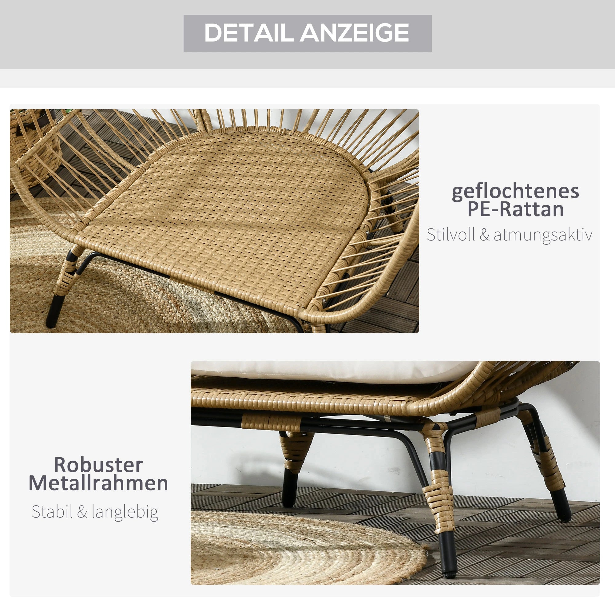Outsunny Korbstuhl in Rattanoptik, weiche Sitzkissen, Aluminiumrahmen, khaki+beige, 105 x 90 x 148 cm