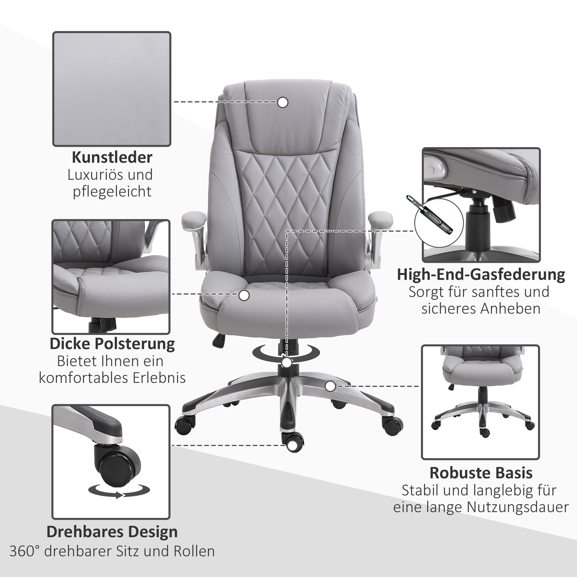 Vinsetto Bürostuhl Ergonomischer Drehstuhl Computerstuhl mit Wippfunktion höhenverstellbar mit Kopfstütze und gepolsterte Armlehnen Kunstleder Grau 70 x 71 x 113–121 cm