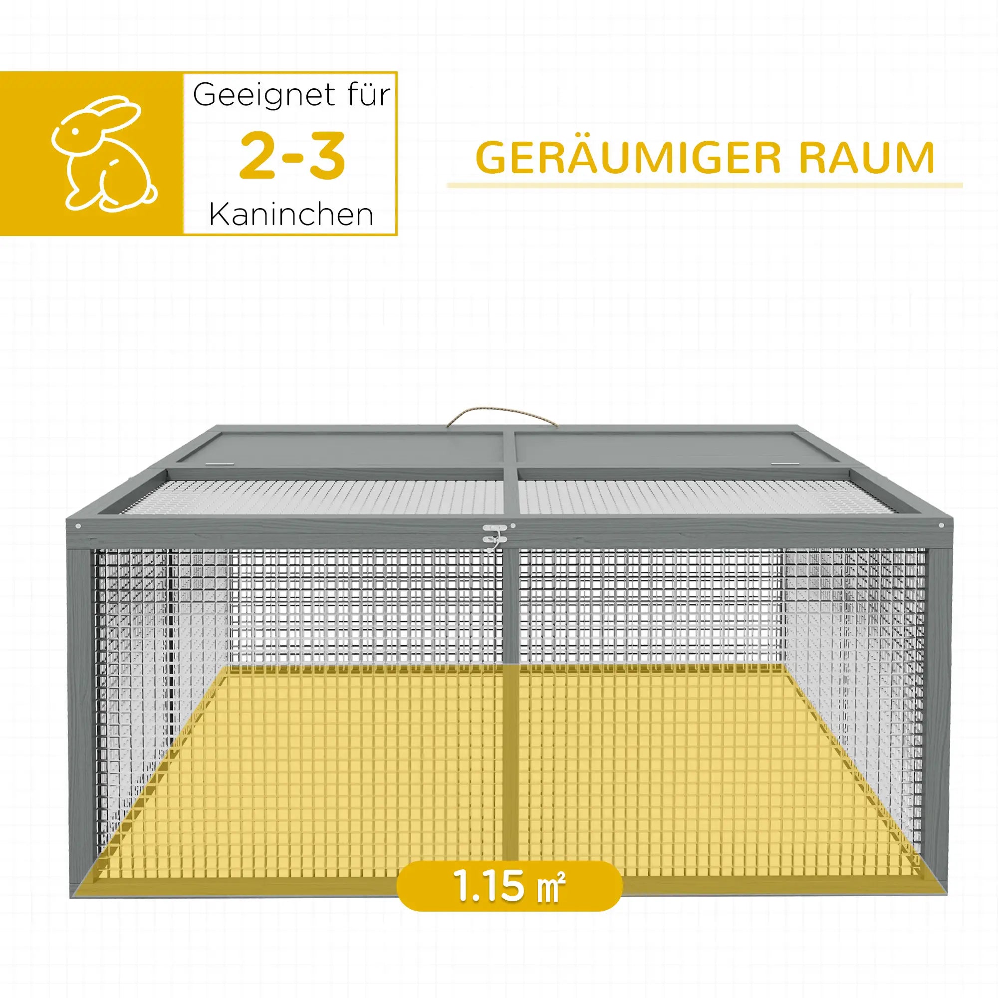 PawHut Klappbarer Kaninchenstall Grau aus Holz mit Freilauf & Dachgriff