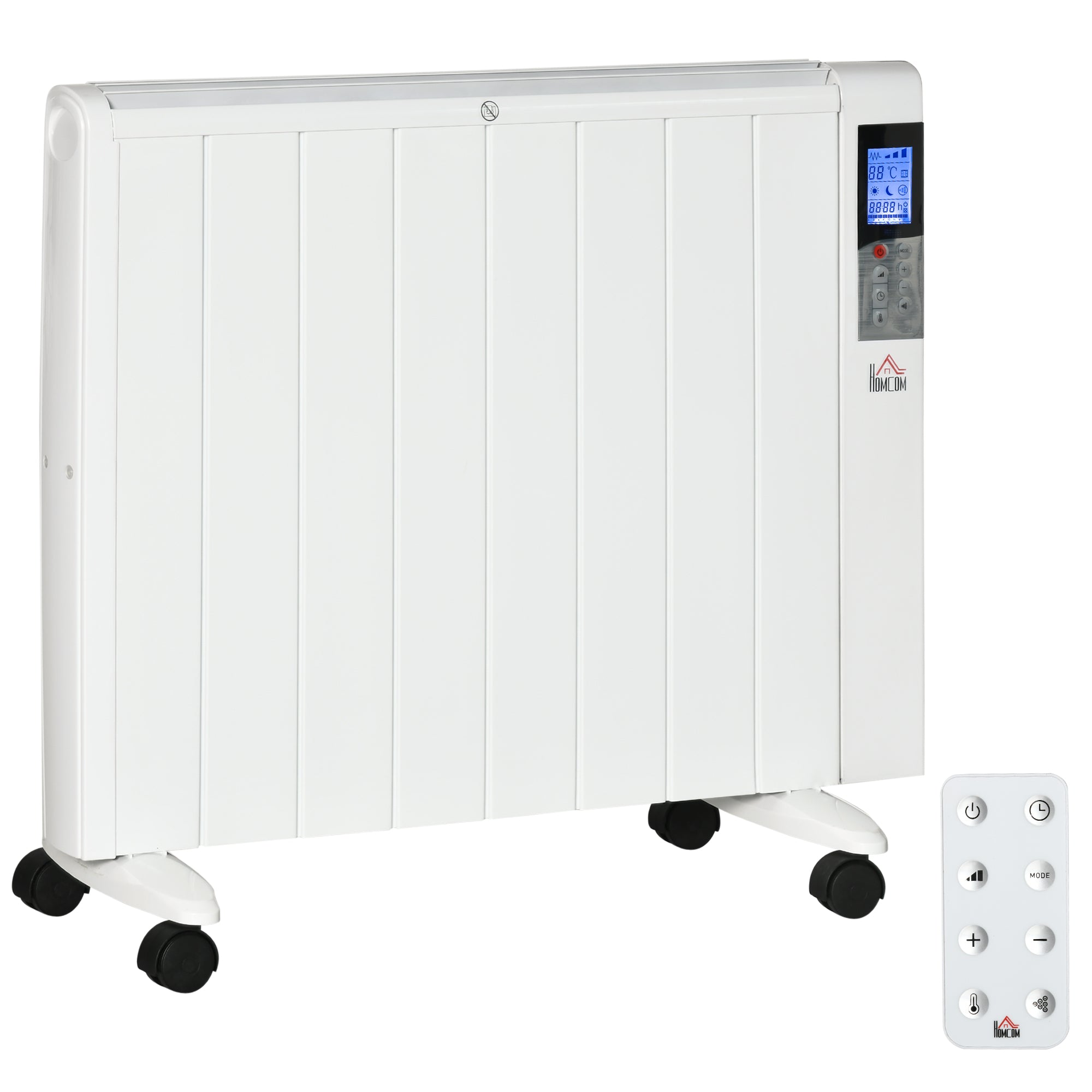 HOMCOM Elektroheizung mit Rollen, 9 vorinstallierte Modi, Wandmontage möglich, 5-35° C, weiß, 75 x 7,5 x 58,5 cm