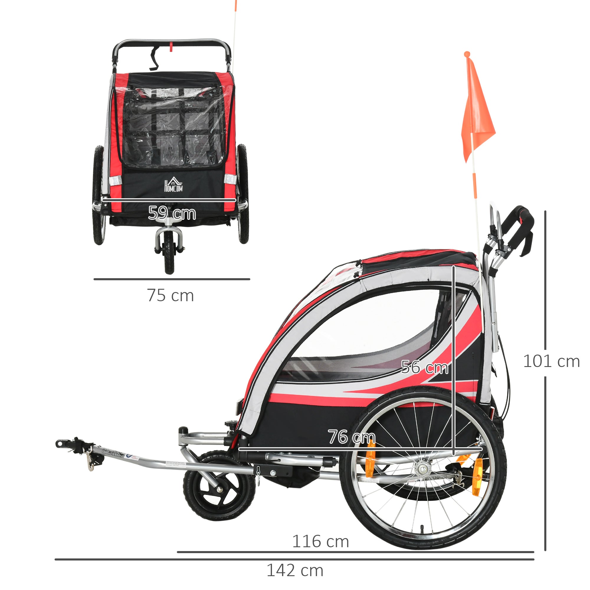 HOMCOM Kinderfahrradanhänger, 2-in-1, Joggerfunktion, wetterfeste Plane, Stahlrahmen, rot+schwarz, 142 x 75 x 101cm