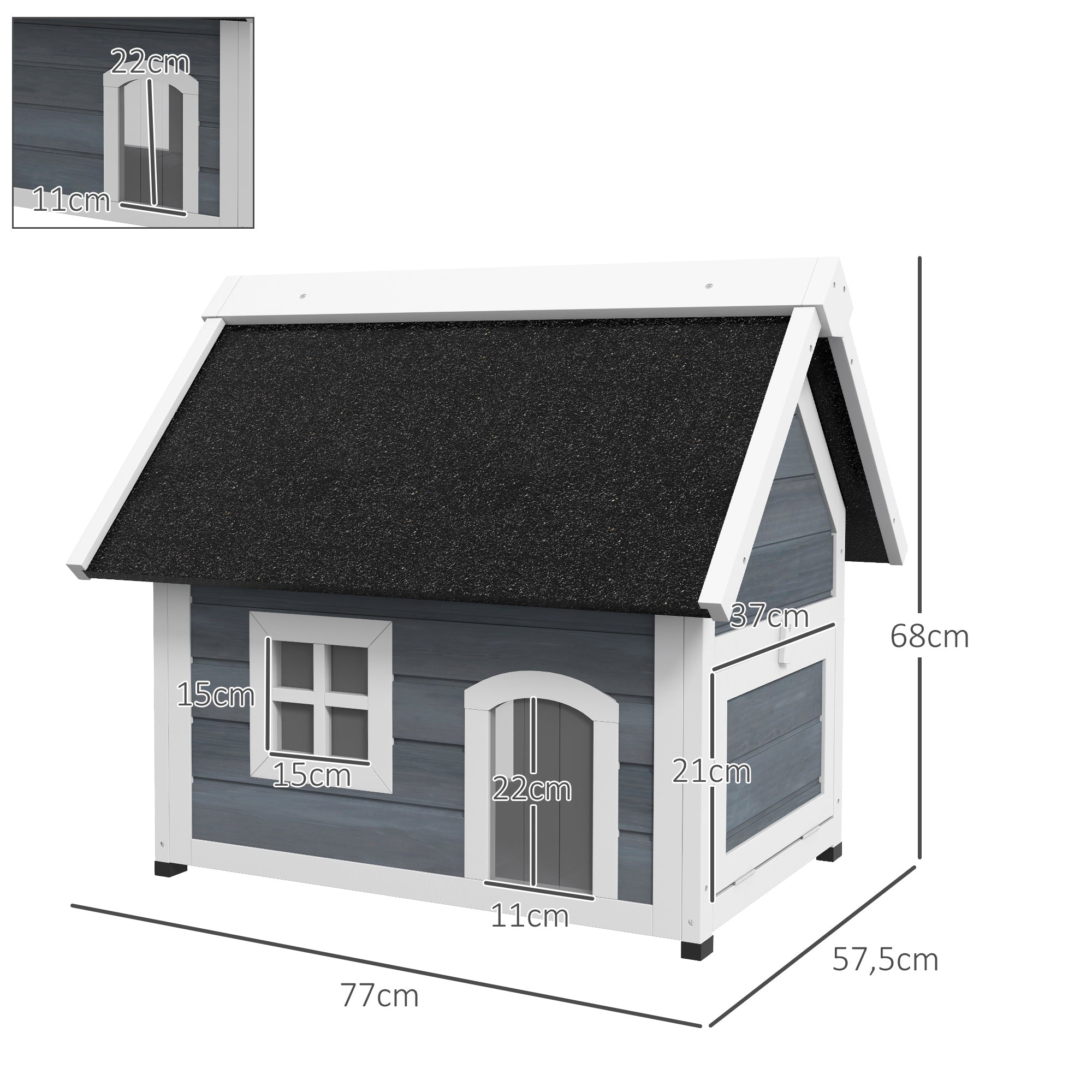 Katzenhaus, wetterfest, mit Fenster, 77x57,5x68cm (außer Asphaltdach), Grau/Weiß/Schwarz