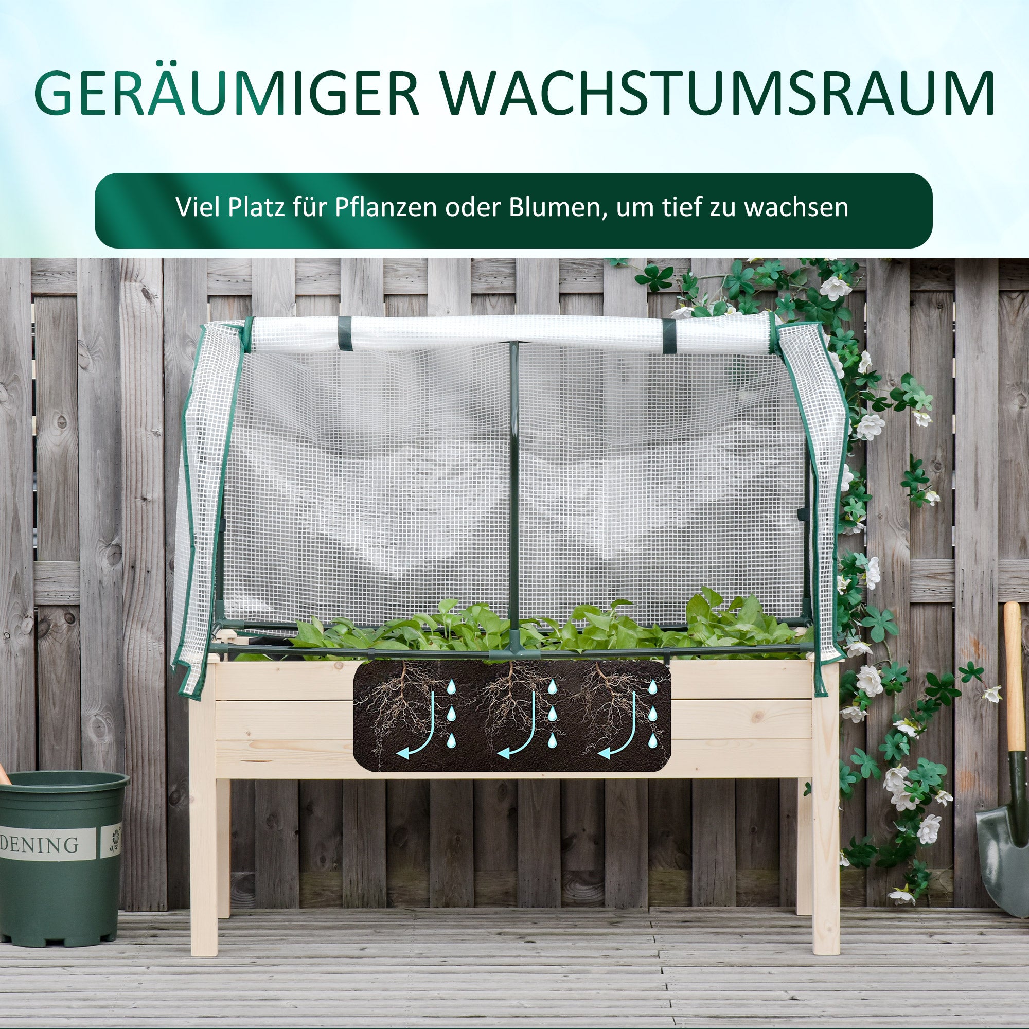 Outsunny Hochbeet, aufrollbare Folienabdeckung, Naturholzrahmen, Stoffauskleidung, Drainageöffnungen, 121 x 55 x 117cm