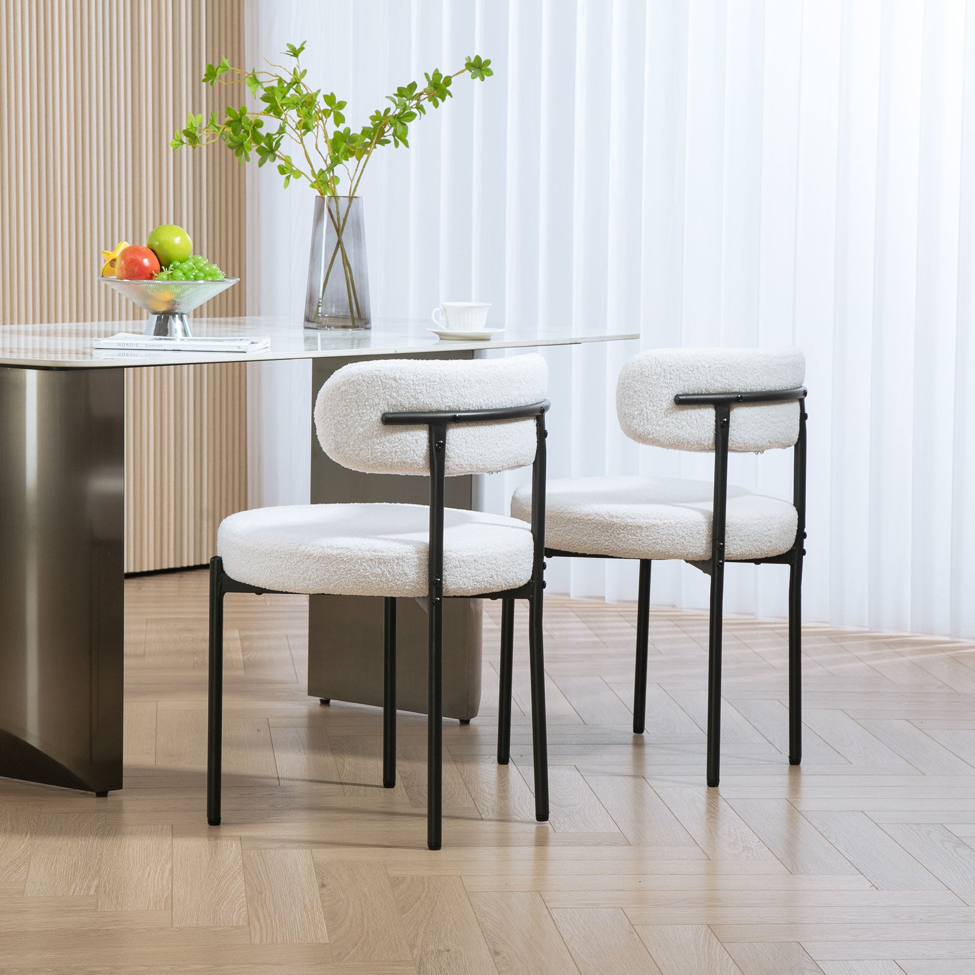 HOMCOM 2er-Set Esszimmerstühle, Fleece-Polsterung, Stühle mit Polstersitz, Metallbeine, Cremeweiß