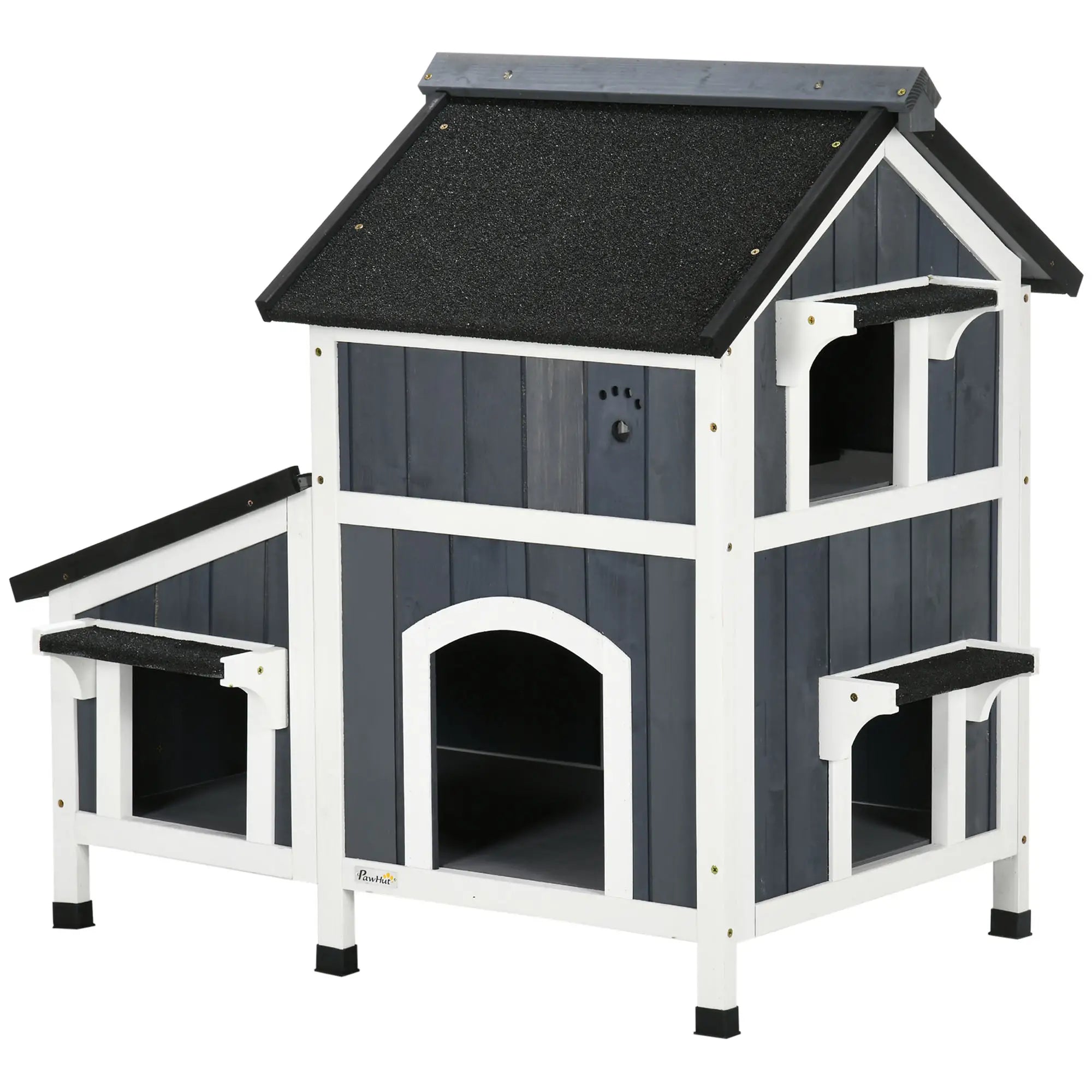 PawHut Outdoor-Katzenhaus, zweistöckig, Bodenabstand, Naturholz, Asphaltdach, grau, 96 x 65 x 85,5 cm