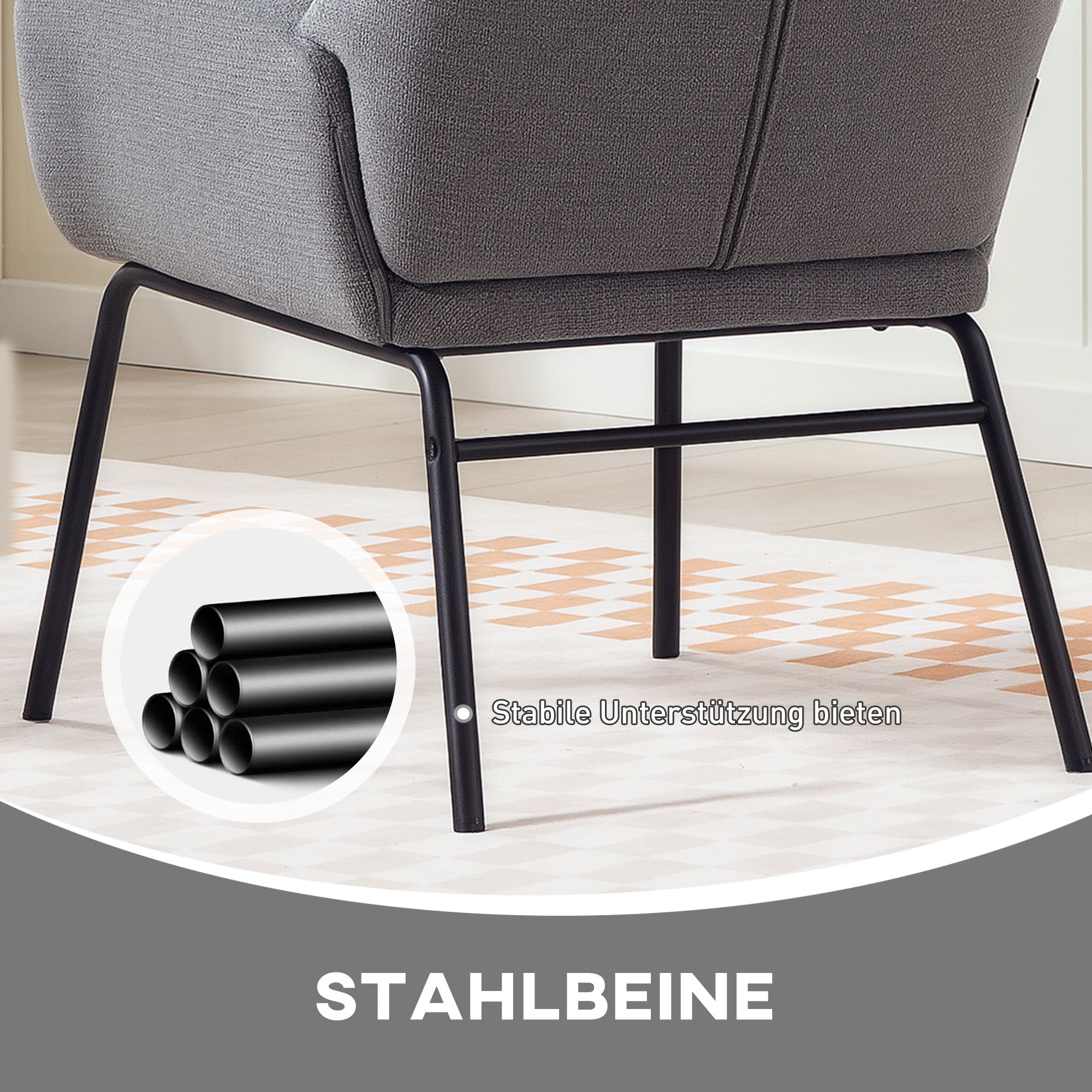 HOMCOM Moderner Polsterstuhl im Ohrenbacken-Stil, hohe Rückenlehne, dicke Polsterung, Metallbeine, Grau