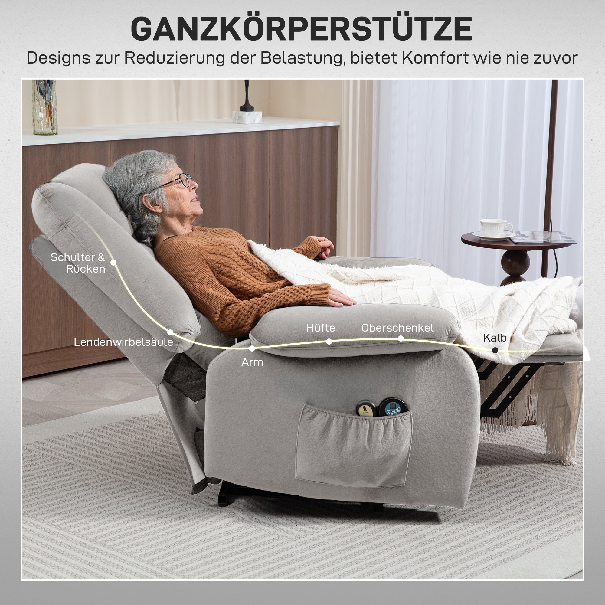 HOMCOM Aufstehsessel mit Massagefunktion, 90x93x110cm, Hellgrau