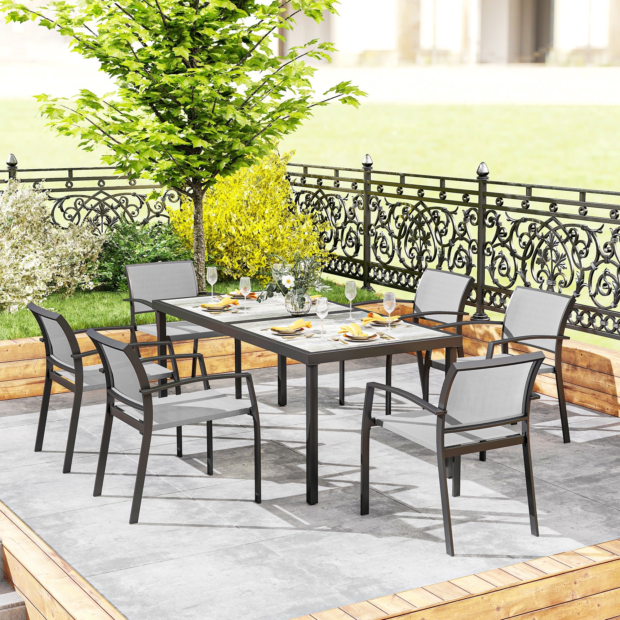 Outsunny 7-teiliges Ess-Set, 6 Stühle, 1 Tisch, stapelbar, leicht zu reinigen, Stahlrahmen, Gartenmöbel-Set, Grau