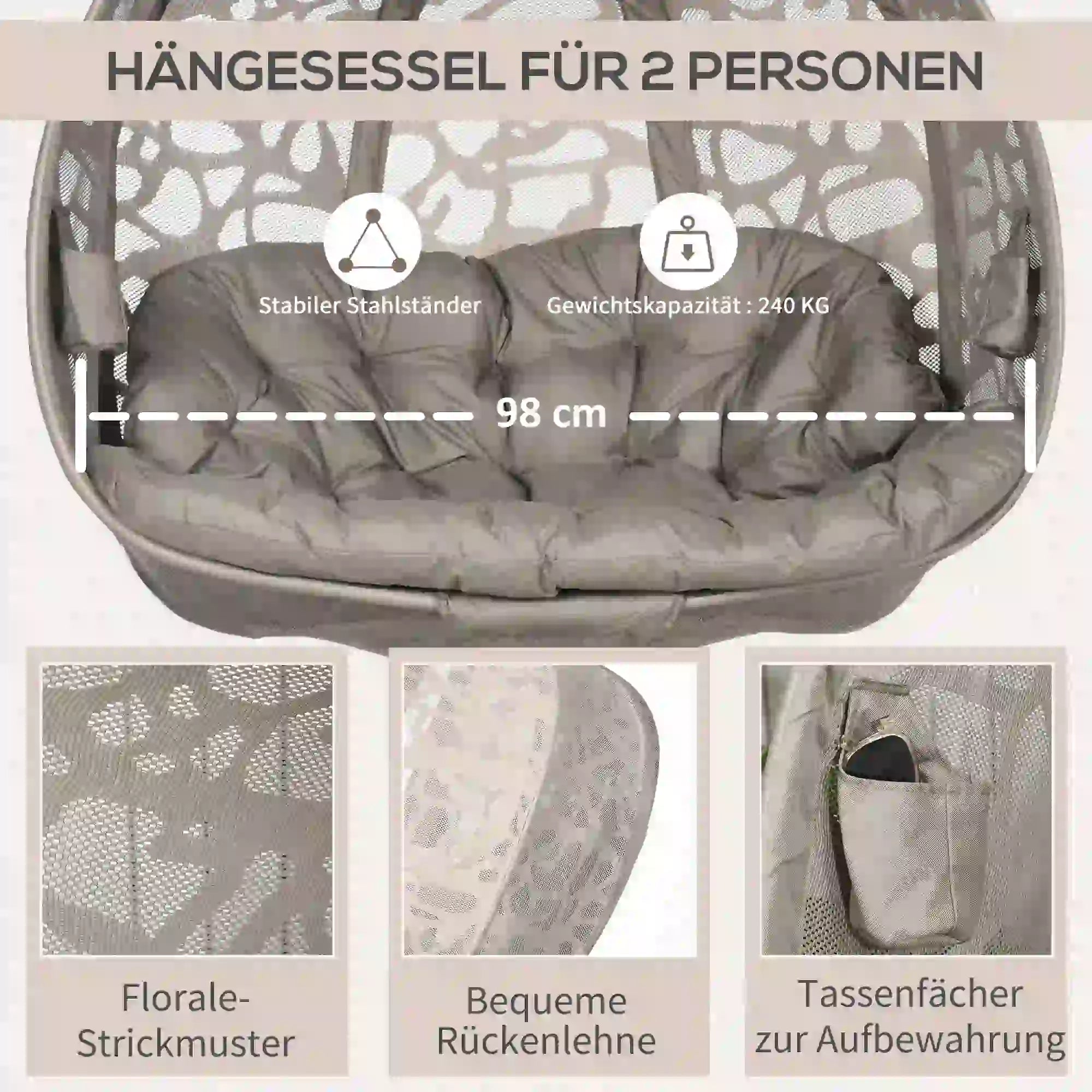 Outsunny Hängesessel 2-Sitzer klappbar mit Dach und Kissen Sand