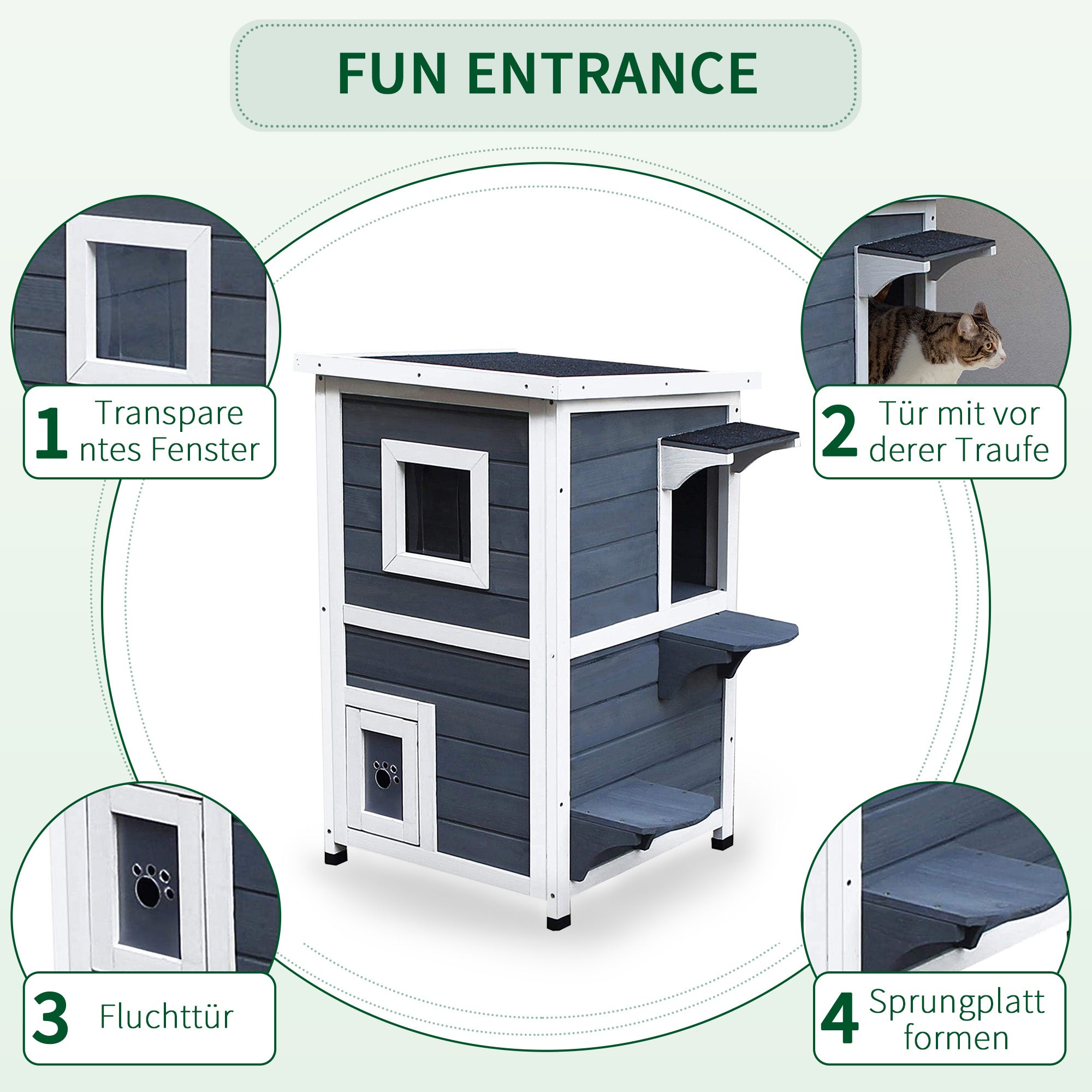 PawHut Katzenhaus aus Holz 2 Etagen Winterfest wasserdicht Katzenhütte mit Asphaltdach Treppen Fenster Katzenhöhle Outdoor Schutzhütte für Draußen Garten Balkon 51 x 51 x 81,3 cm Grau