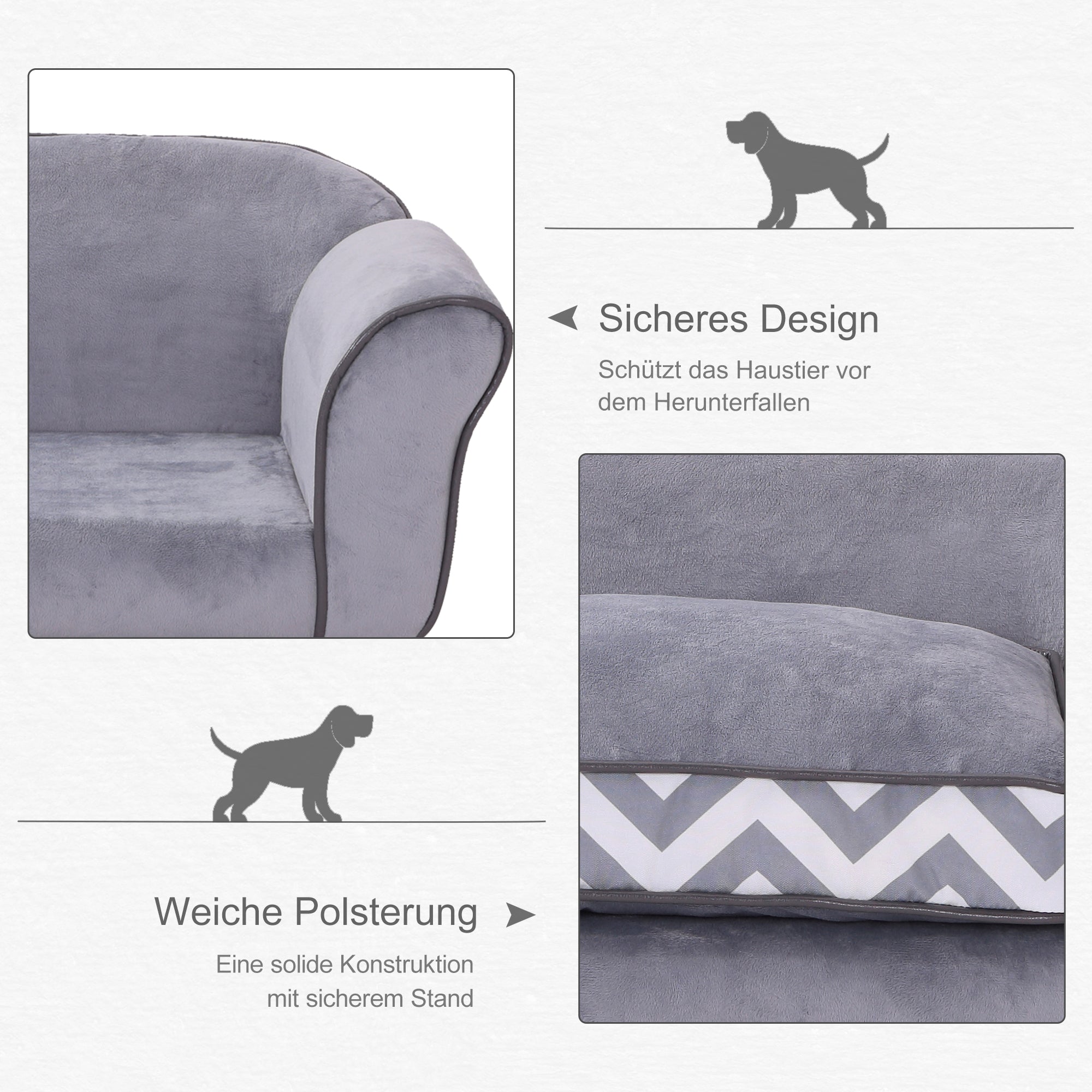 PawHut Hundesofa, Haustiersofa mit erhöhten Füßen, Hundecouch, Hundeliege mit Kissen, Hundebett, Katzensofa, Waschbar, Samt, Grau, 73,5 x 41 x 33 cm