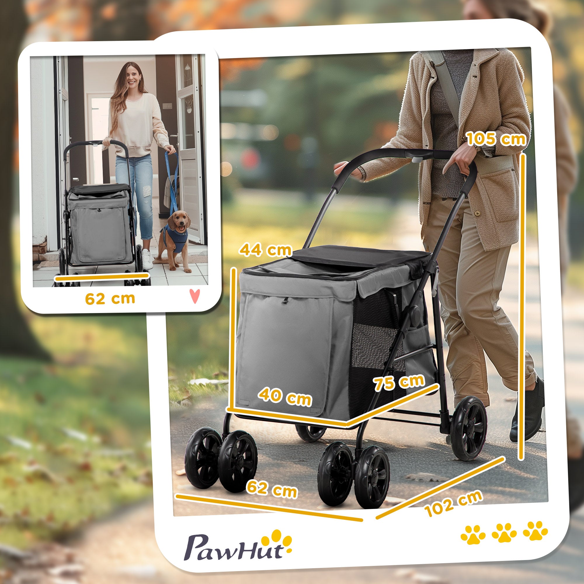 PawHut Hundebuggy Hundewagen bis 20 kg Klappbar 3 Seitentasche 102 cm x 62 cm x 105 cm Grau