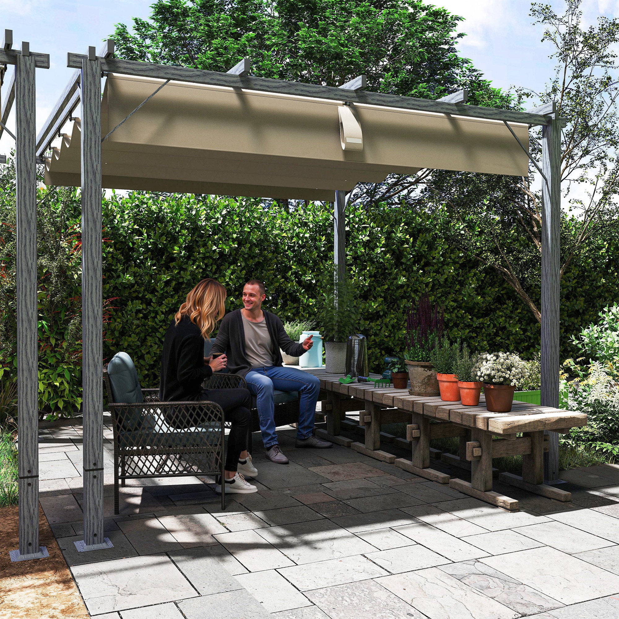 Outsunny 3 x 3 m Garten-Pergola, Verstellbares Terrassendach, Aluminium-Rahmen, UPF30+ Sonnenschutz, Grau