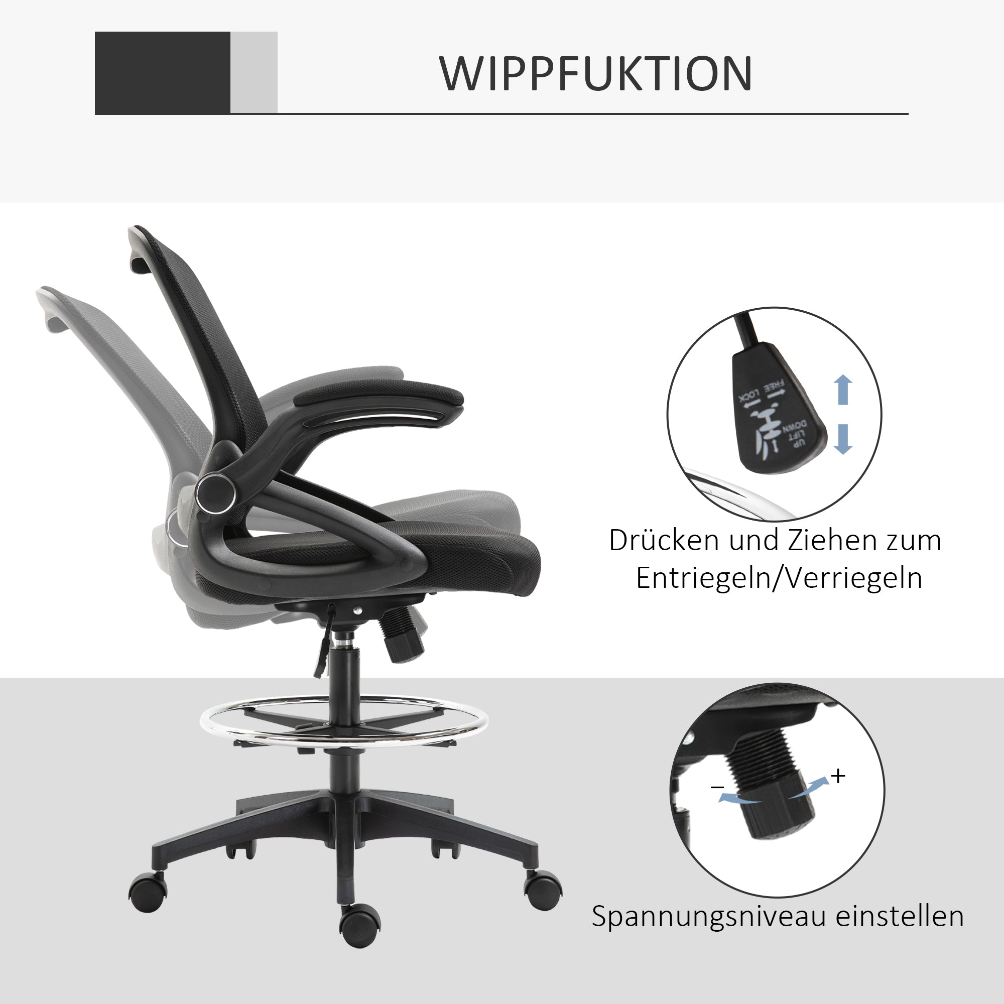 Vinsetto Bürosessel, Schreibtischstuhl, Stehfunktion, mit Fußablage, drehbarer Sitz, Stahl, schwarz, 64 x 60 x 106-126cm