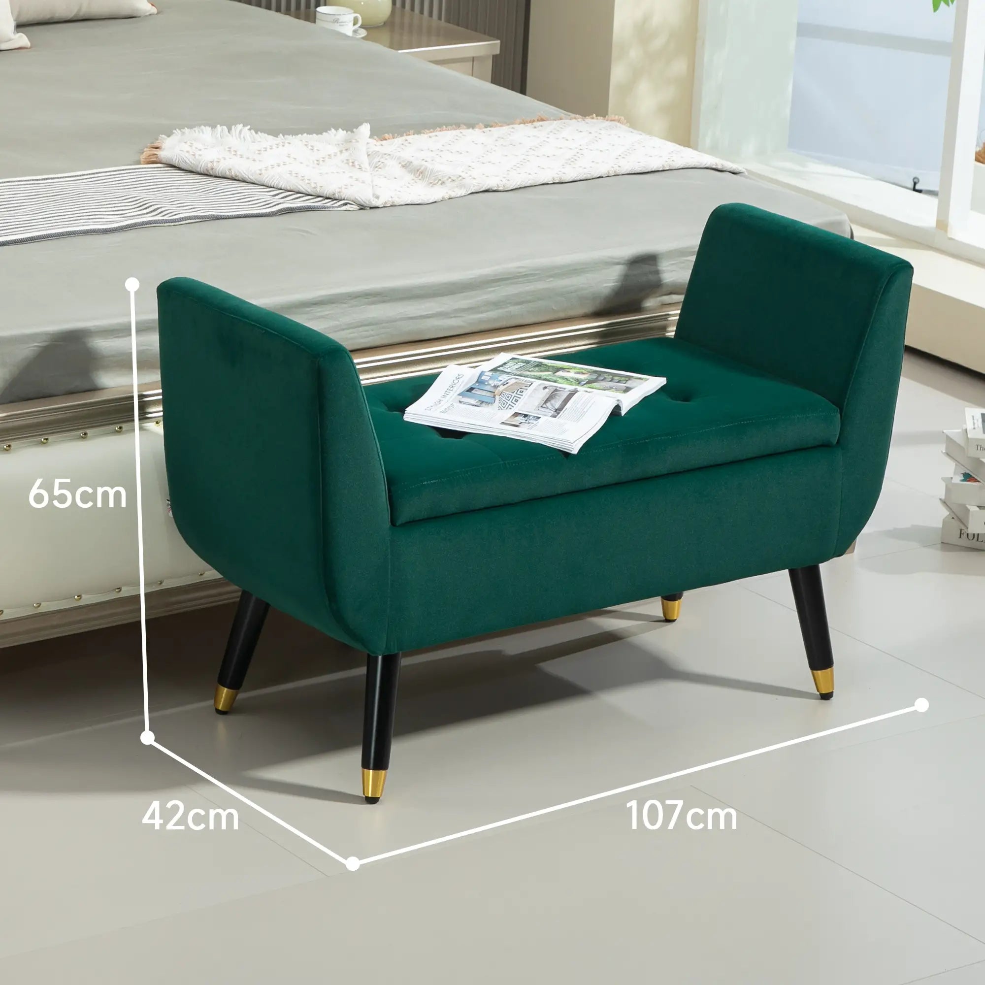 HOMCOM Polsterbank mit Stauraum, Armlehnen, Samtartiges Polyester, Kautschukholz, 107 x 42 x 65 cm, Grün