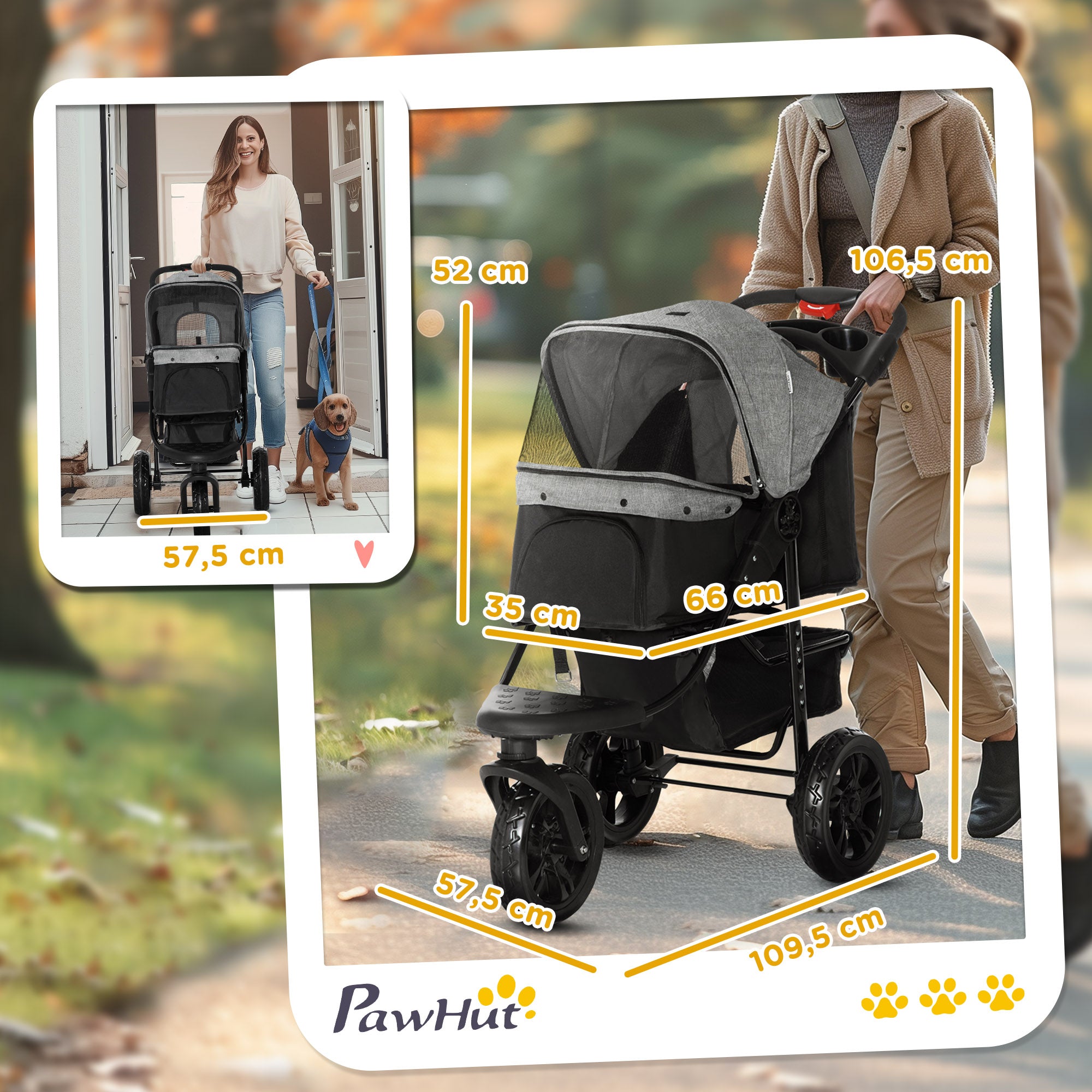 PawHut Hundewagen Hundebuggy Katzenbuggy Pet Stroller mit 3 Rädern klappbar Hunde Katze Oxford Grau+Schwarz 109,5 x 57,5 x 106,5 cm