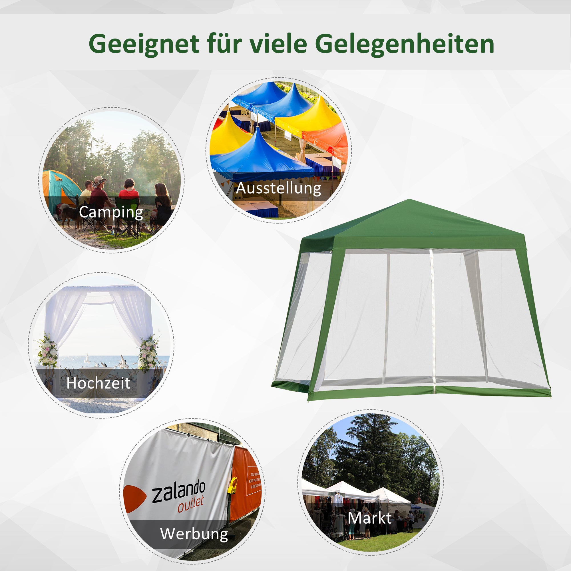 Outsunny Gartenpavillon Pavillon Festzelt Partyzelt wetterfest Zelt mit Moskitonetz Metall + Polyester Grün 3 x 3 m