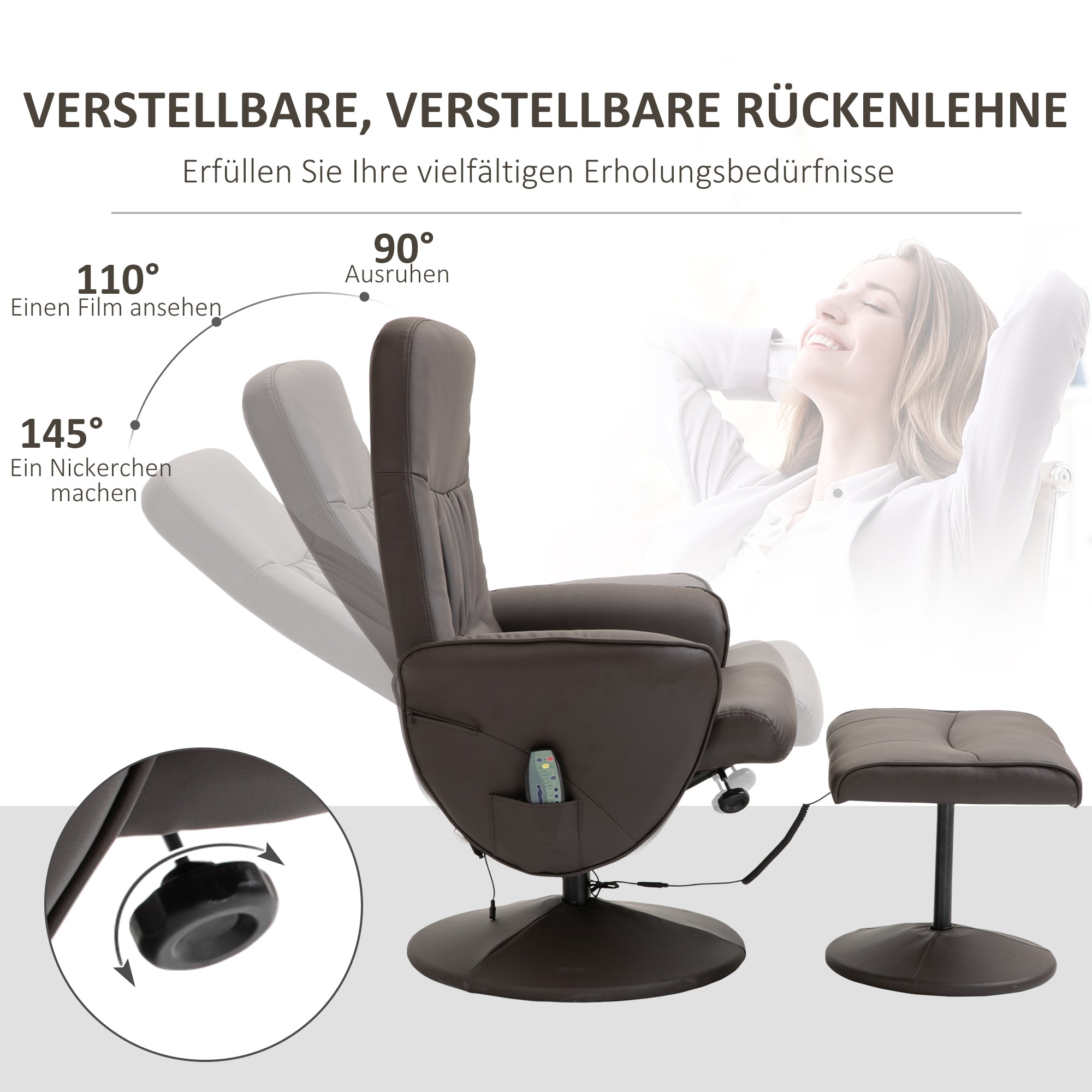 HOMCOM Relaxsessel mit Hocker, drehbarer Fernsehsessel mit 10 Massagepunkte, Liegefunktion, Massagesessel mit Fernbedienung, Seitentasche, TV-Sessel, Kunstleder, Braun