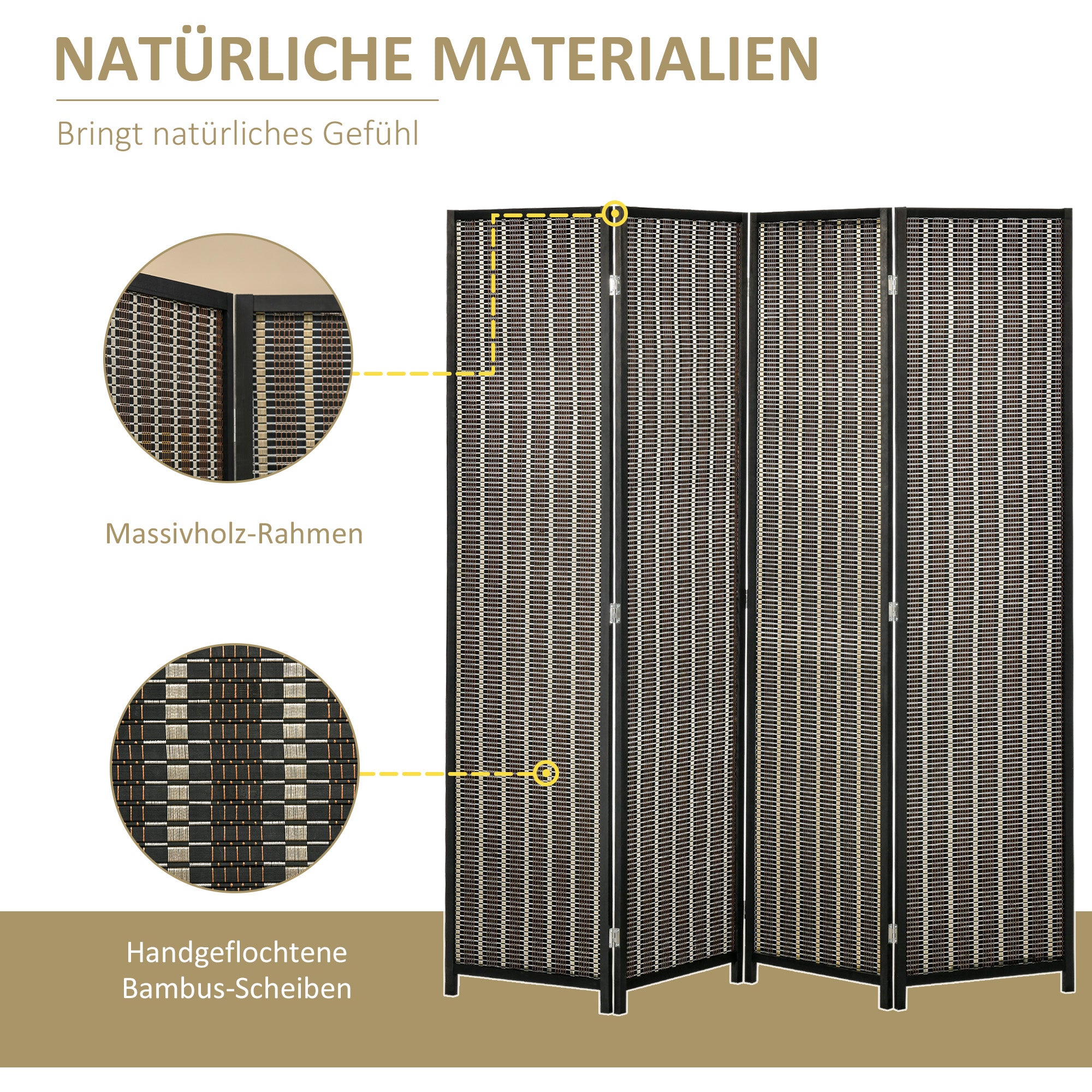 HOMCOM Raumteiler, faltbar, Kiefernholz/Bambus, 180 x 180 cm, Braun/Schwarz