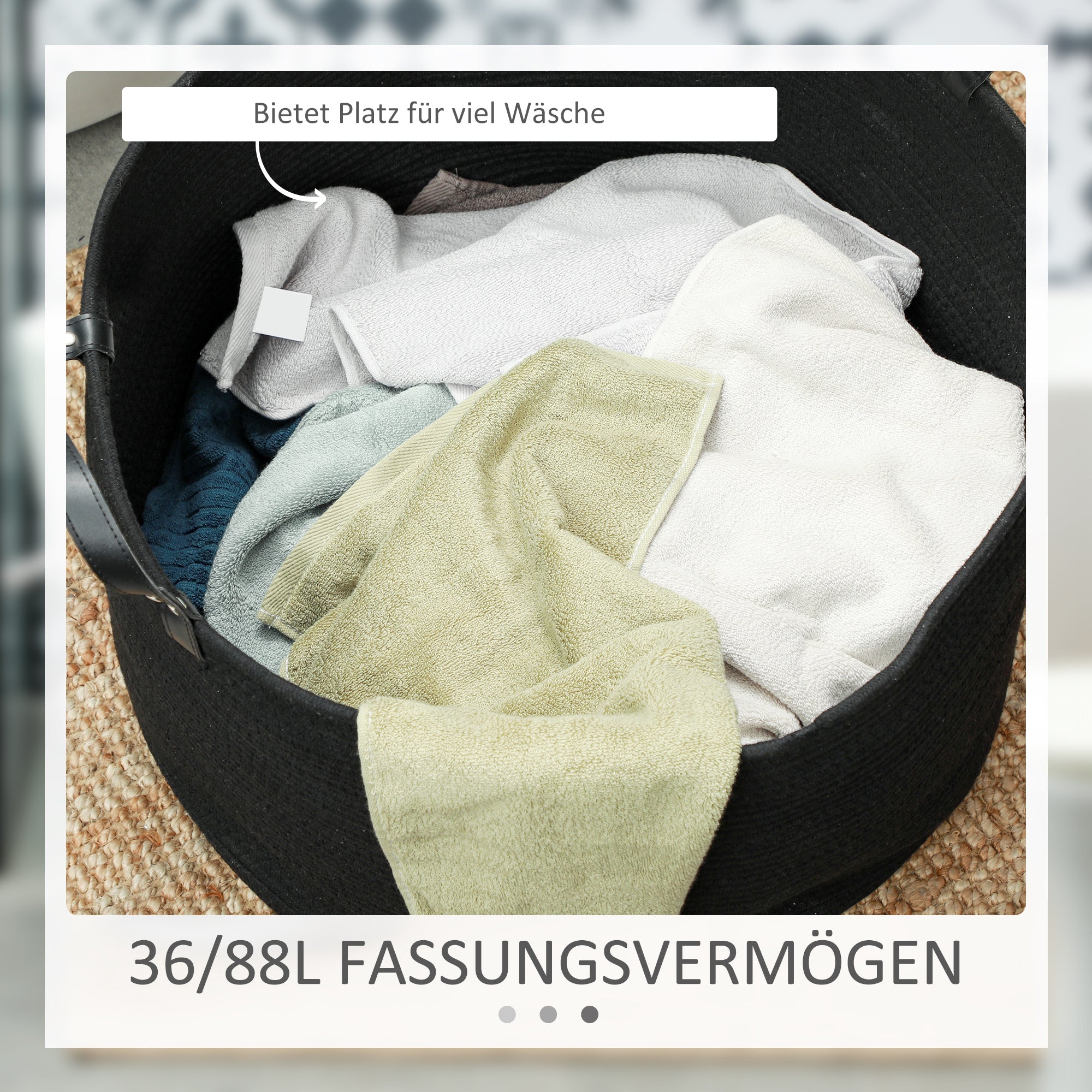HOMCOM Wäschesack, 88L, tragbar, faltbar, Kunstledergriffe, Baumwolle, Ø56 x 35,5H cm, Schwarz