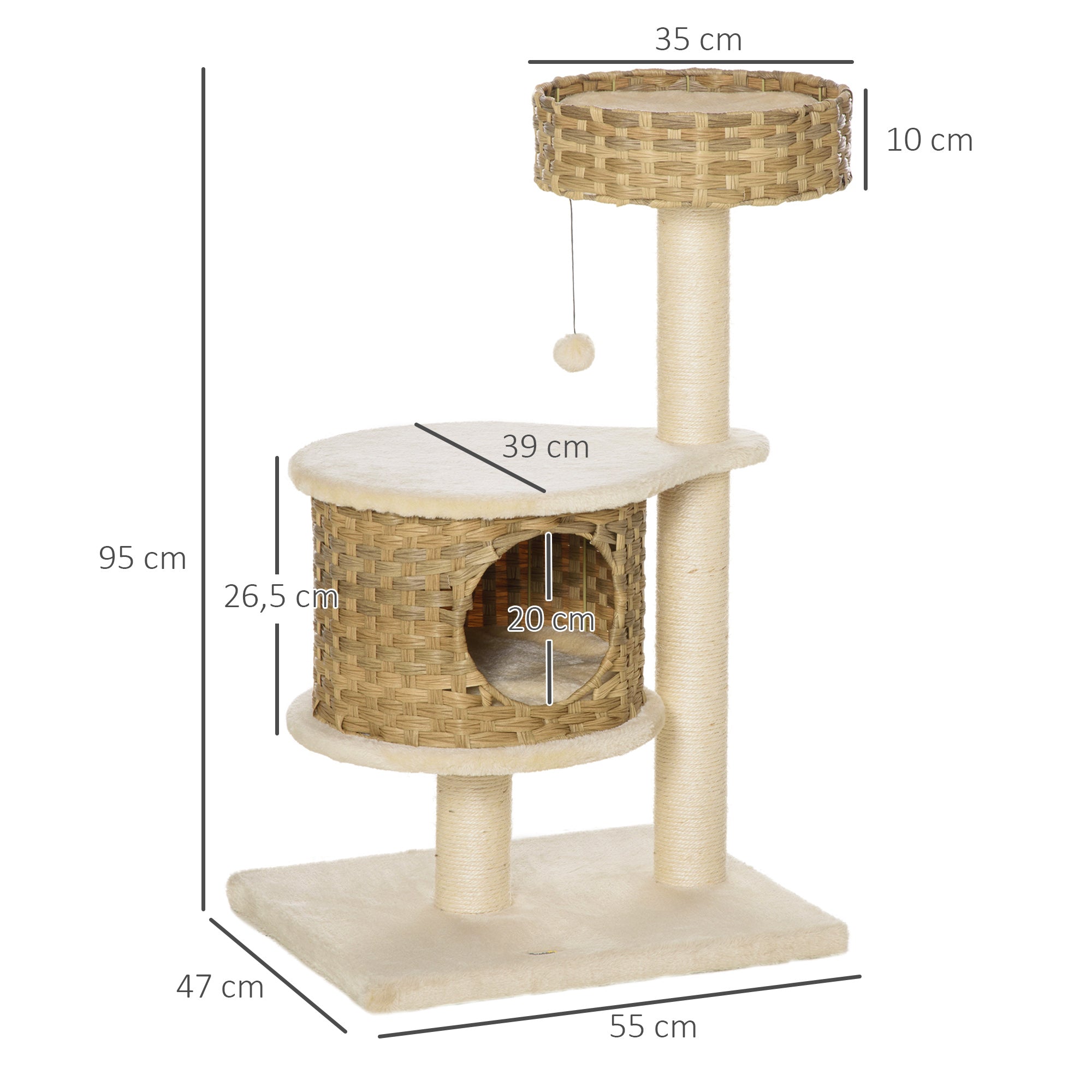 PawHut Kratzbaum Rattan 95 cm Höhe 3-Stufiger Katzenbaum mit Platform, Katzenbett, Kletterbaum mit Katzenhöhle Sisalstämmen Spielbälle Katzenmöbel Sisal Natur+Beige