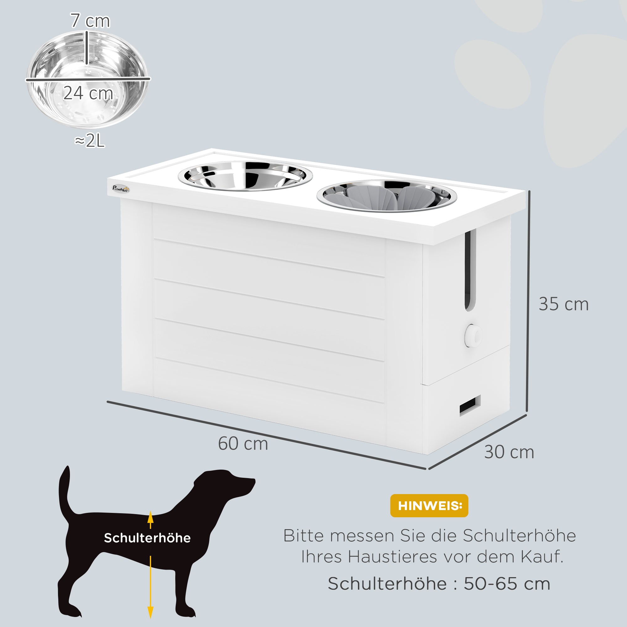 PawHut 2-in-1 Erhöhter Hundenapf Höhenverstellbar Futternapf mit Ständer 2 x 2L Edelstahlnäpfen Weiß