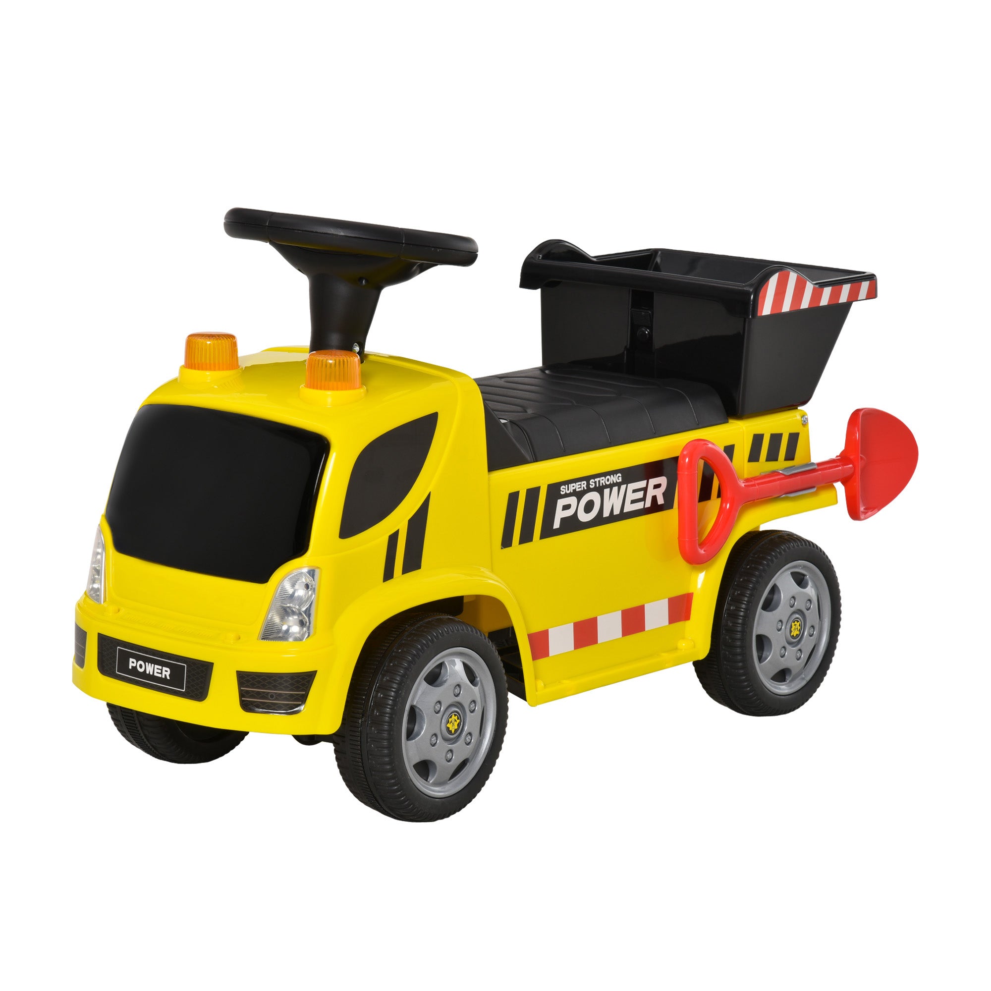 HOMCOM Sitzbagger für Kinder Rutscherfahrzeug mit Kippen Eimer und Schaufel Fuß Rutscherauto unter Sitz Lagerung für Baby 18-36 Monaten Metall PP-Kunststoff Gelb 72 x 28,2 x 42 cm