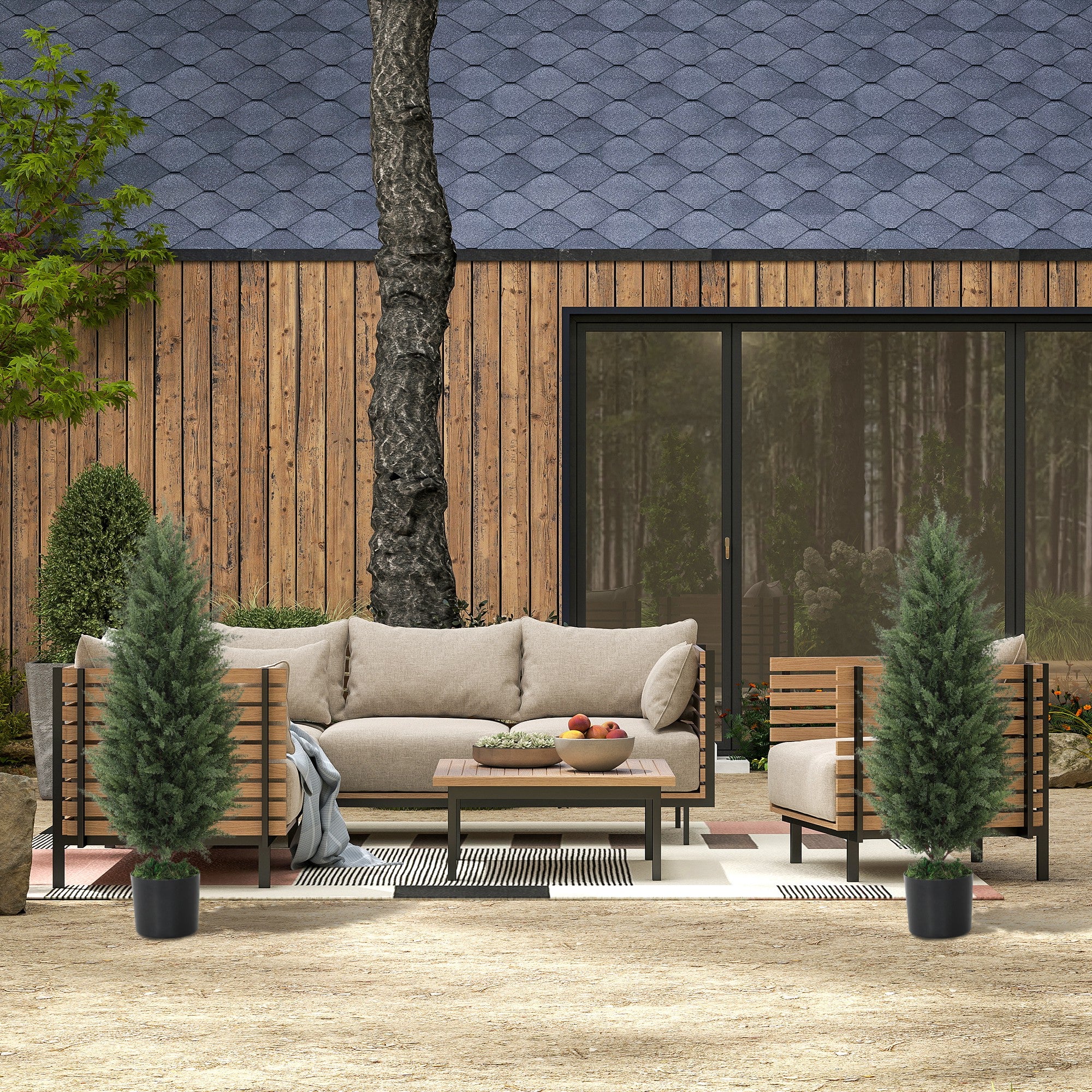 HOMCOM 2er-Set Künstliche Zypressen, Kunstbäume mit 831 Blättern, mit Zementtopf, UV-beständig, Kunstpflanze, 90 cm, Grün
