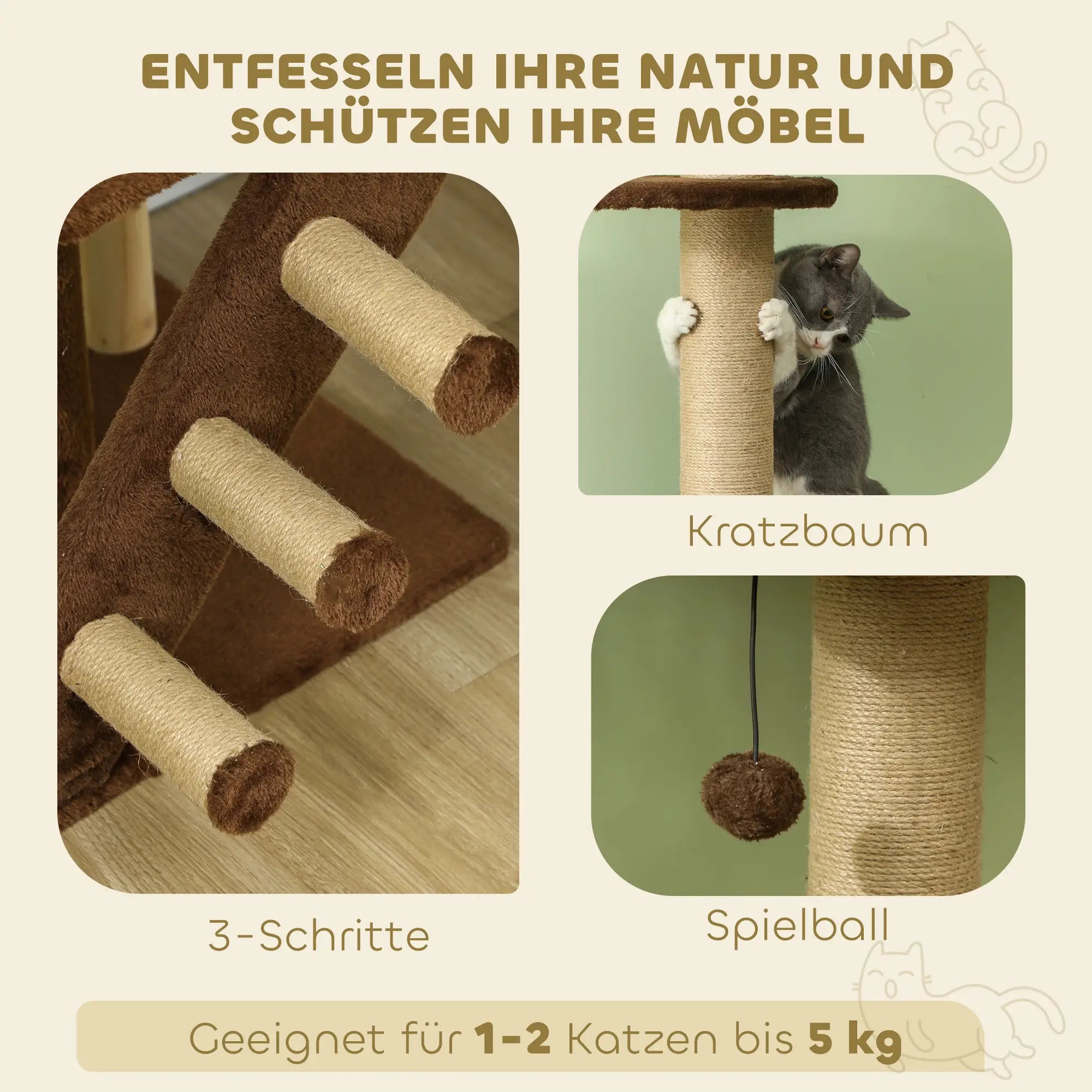 PawHut Kratzbaum 225–265?cm mit Höhle & Spielball Braun
