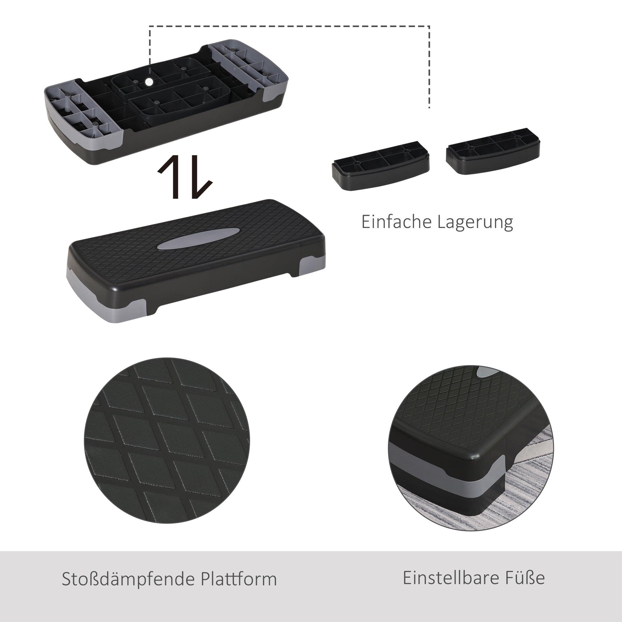HOMCOM Steppbrett Aerobic Fitness Heimtrainer Stepper 2-stufig höhenverstellbar(10/15 cm) geeignet für den Heim und Bürogebrauch Schwarz+Grau 68 x 29 x 15 cm