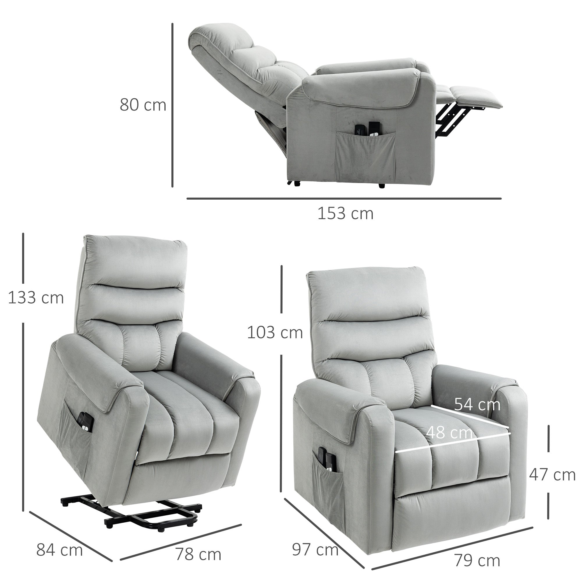 HOMCOM Aufstehhilfe Relaxsessel TV Sessel mit schlaffunktion elektrischer Fernsehsessel mit Liegefunktion Samtartiges Polyester Metall Schaumstoff Hellgrau 79 x 97 x 103 cm