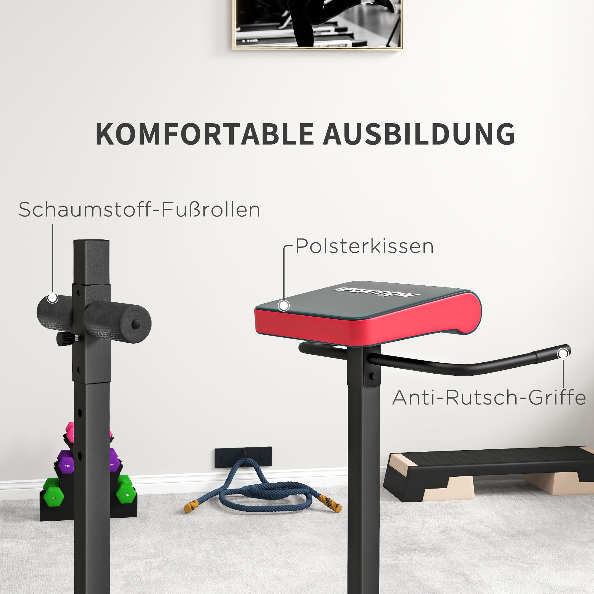 SPORTNOW Bauch- & Rückentrainer, Aktiviert Muskeln, 6 Beinrollenpositionen, Seitliche Griffe, Stahlrahmen