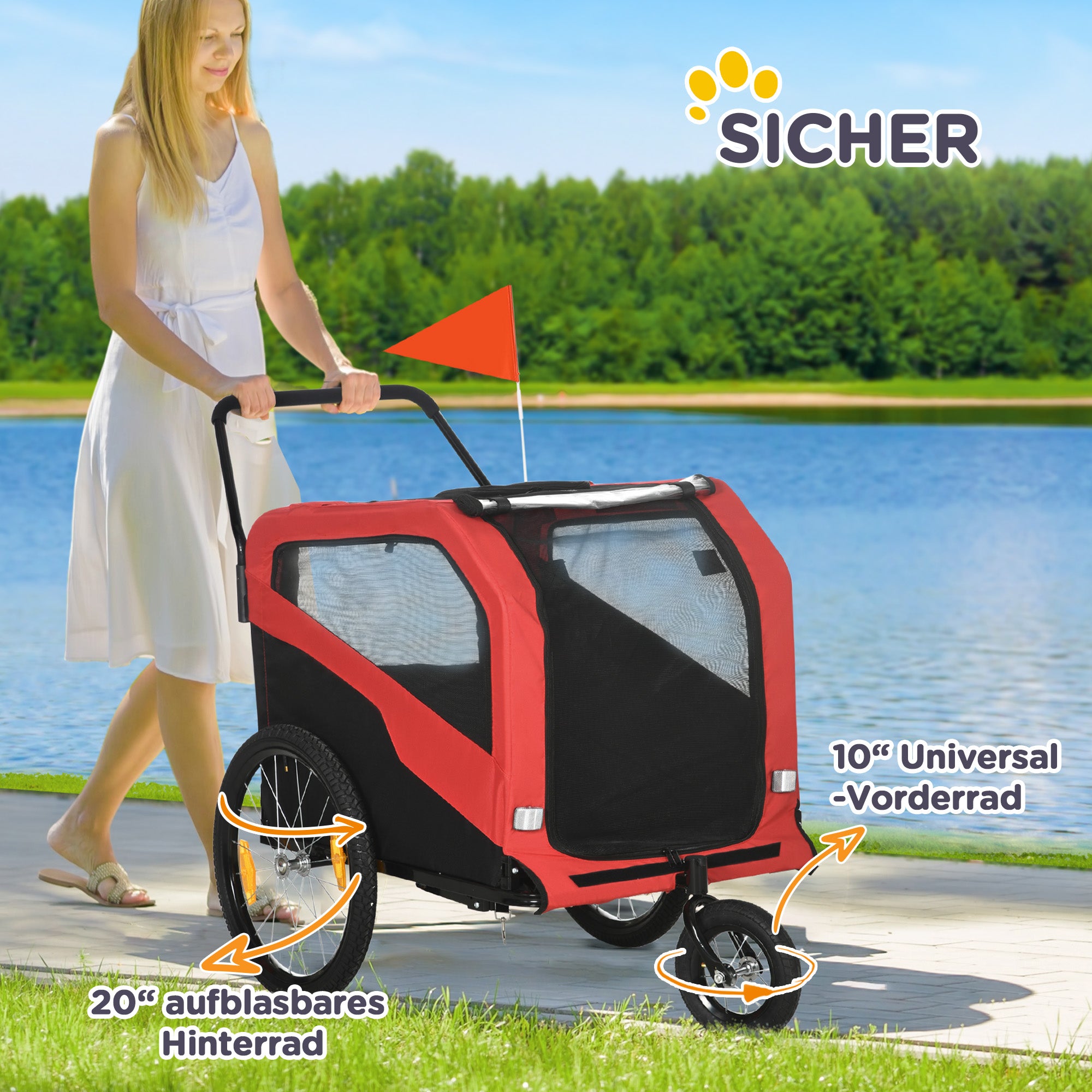 PawHut 2-in-1 Hundeanhänger Hundebuggy bis 30kg klappbar und lagerbar Lenker Fußstütze Reflektoren Sicherheitsfahne 170 cm x 77 cm x 90 cm Rot