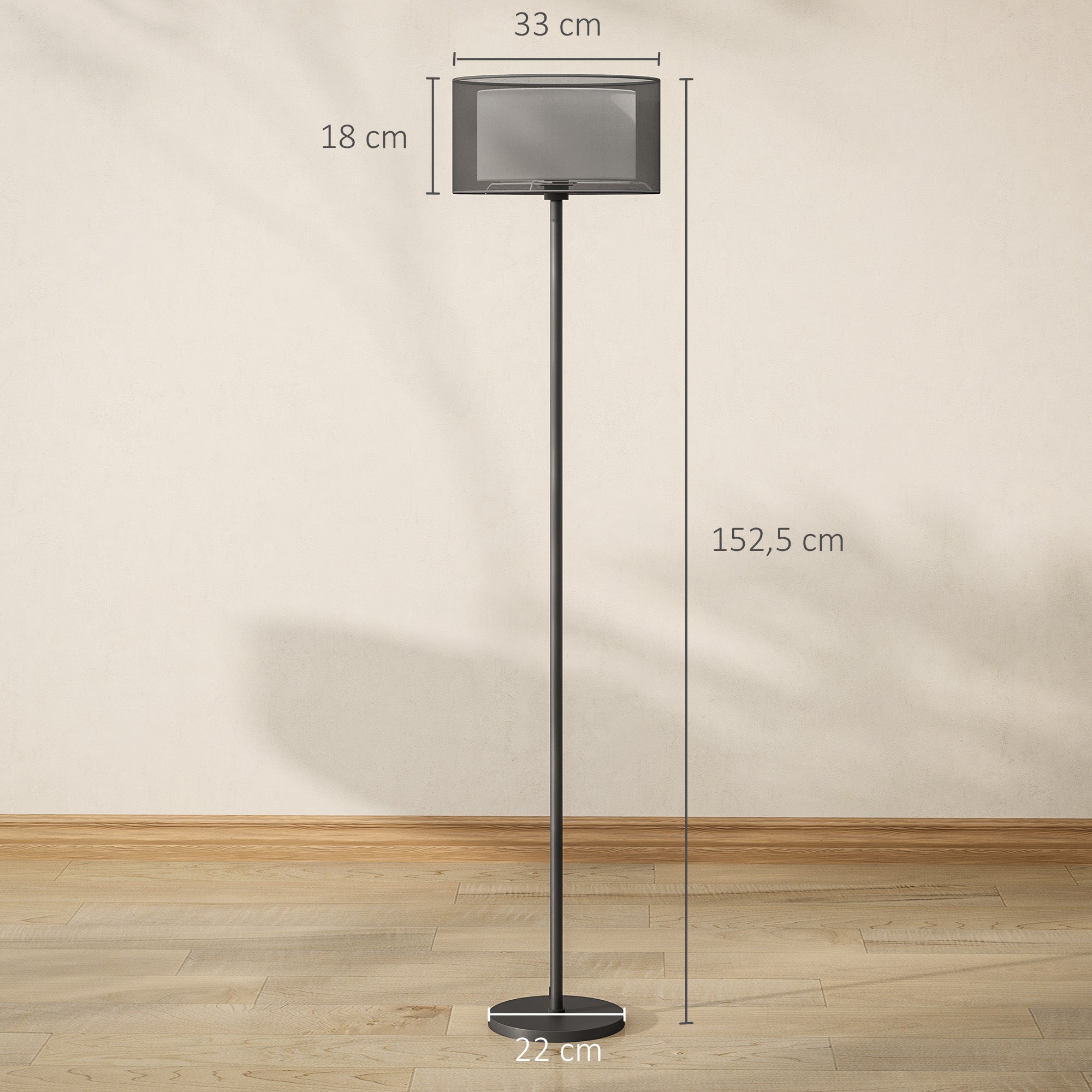HOMCOM Stehlampe, zweifarbiger Lampenschirm, Fußschalter, Metall, Schwarz
