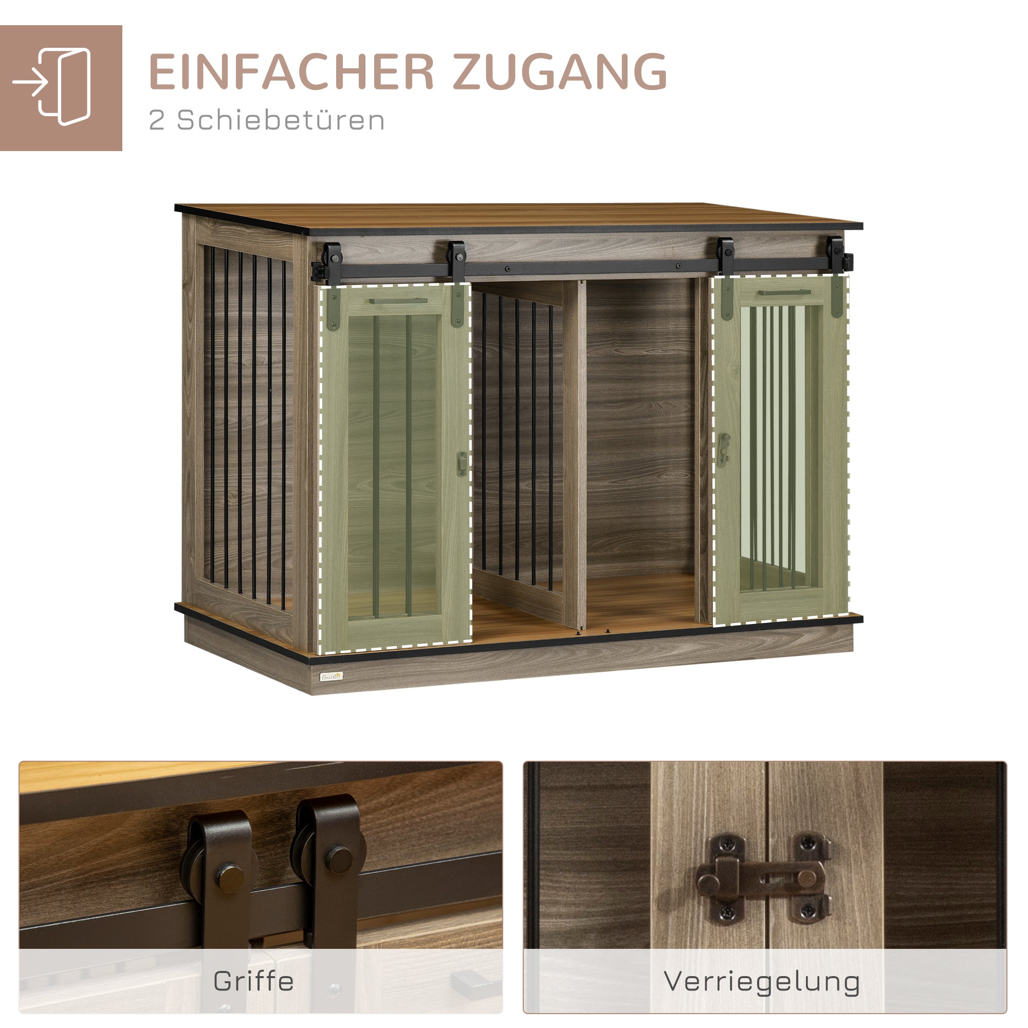 PawHut Hundekäfig mit 2 Türen, Hundebox, Transportbox für Hunde, rustikales Design, verriegelbar, Braun