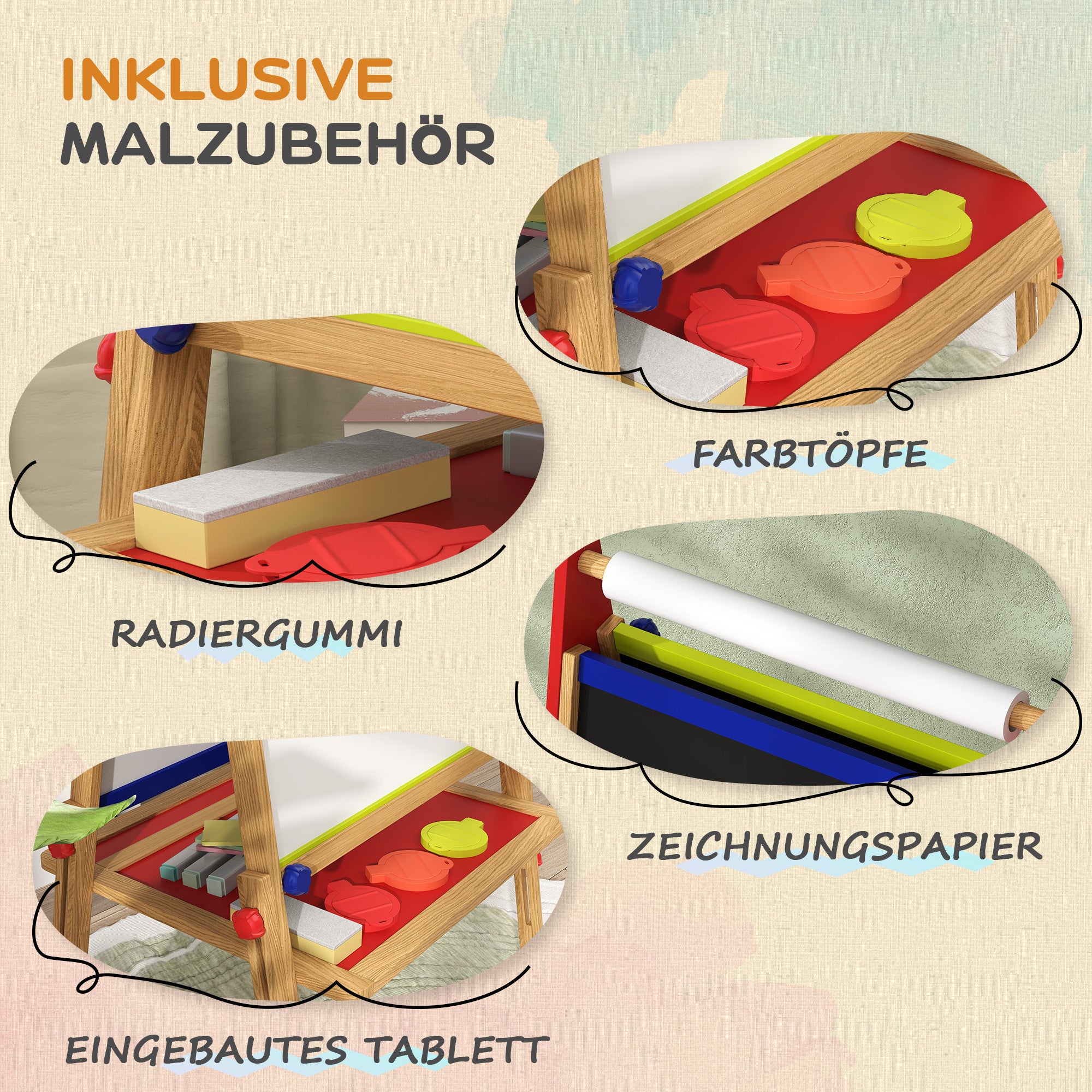 AIYAPLAY 3-in-1 Kindermalstaffelei, Kreidetafel, Whiteboard, Papierrolle, inklusive Zubehör, Kiefernholz, verstellbar