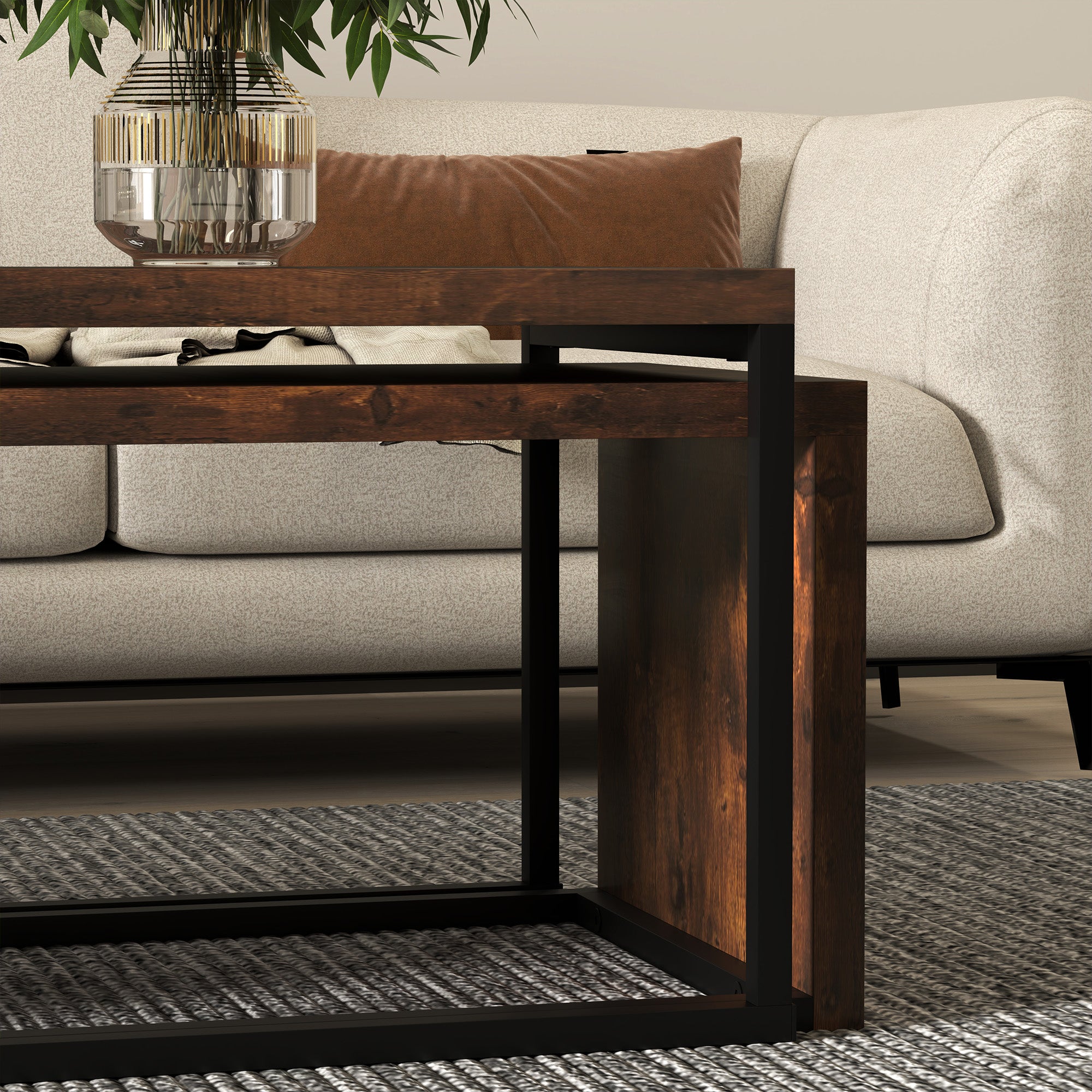 HOMCOM 2er-Set Couchtisch, Sofatisch, Beistelltisch, MDF, Metall, 90 x 48 x 42 cm/59 x 42 x 36 cm, Schwarz+Braun