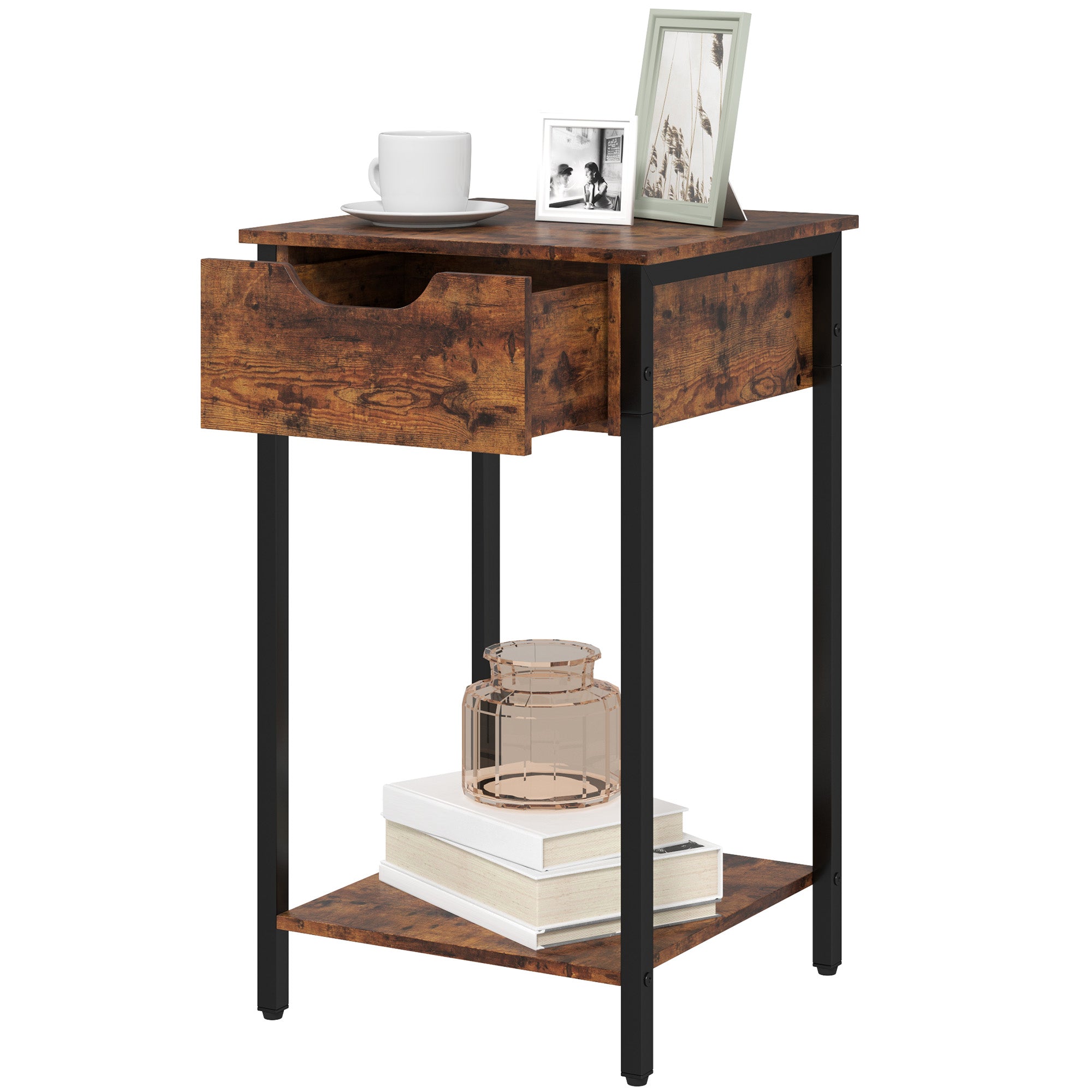 HOMCOM Beistelltisch im Industriestil, Schublade, Ablagefach, Metallrahmen, Holz, 40 x 40 x 68 cm, Braun
