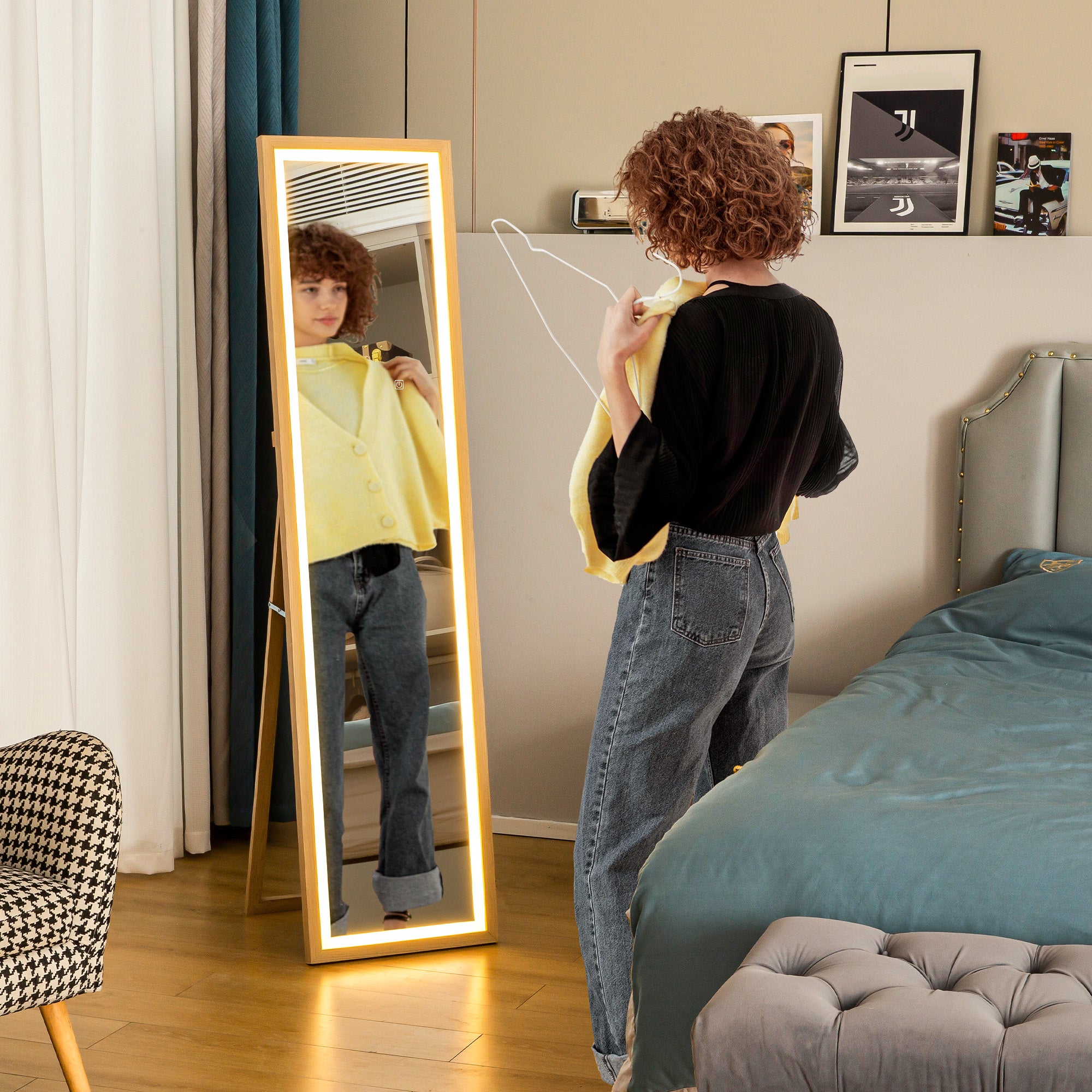 HOMCOM LED Ganzkörperspiegel, 40 x 160 cm, Touch-Steuerung, dimmbar, 3 Farben,  Eiche